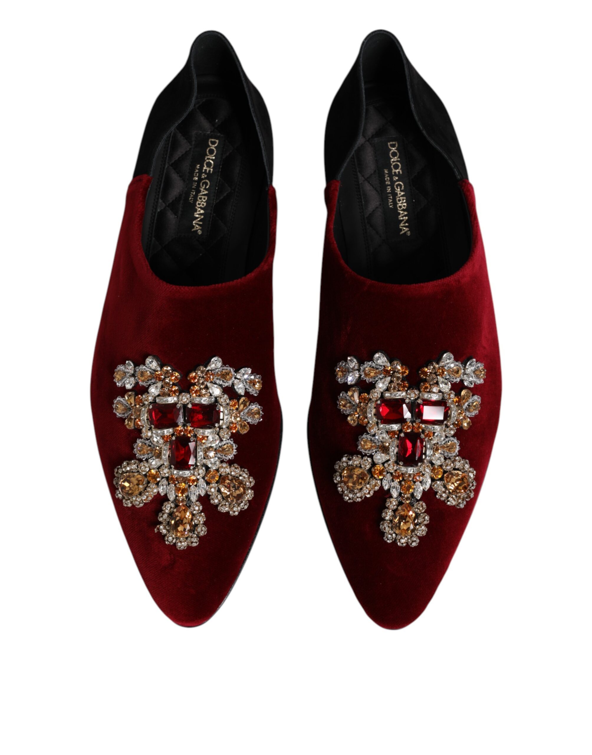 Dolce & Gabbana Black Red Velvet Embellished Slip On Shoes - Image 3