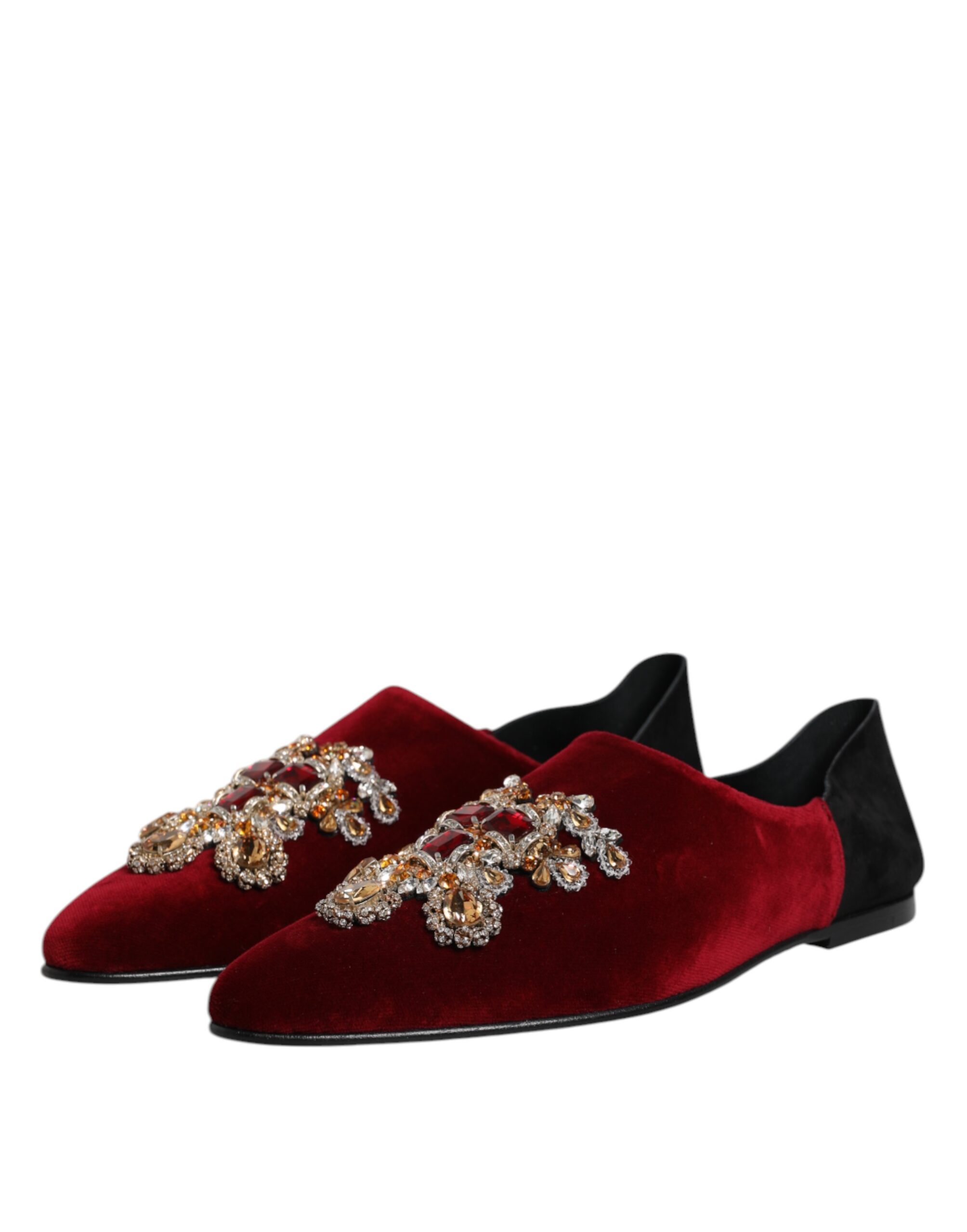 Dolce & Gabbana Black Red Velvet Embellished Slip On Shoes - Image 4