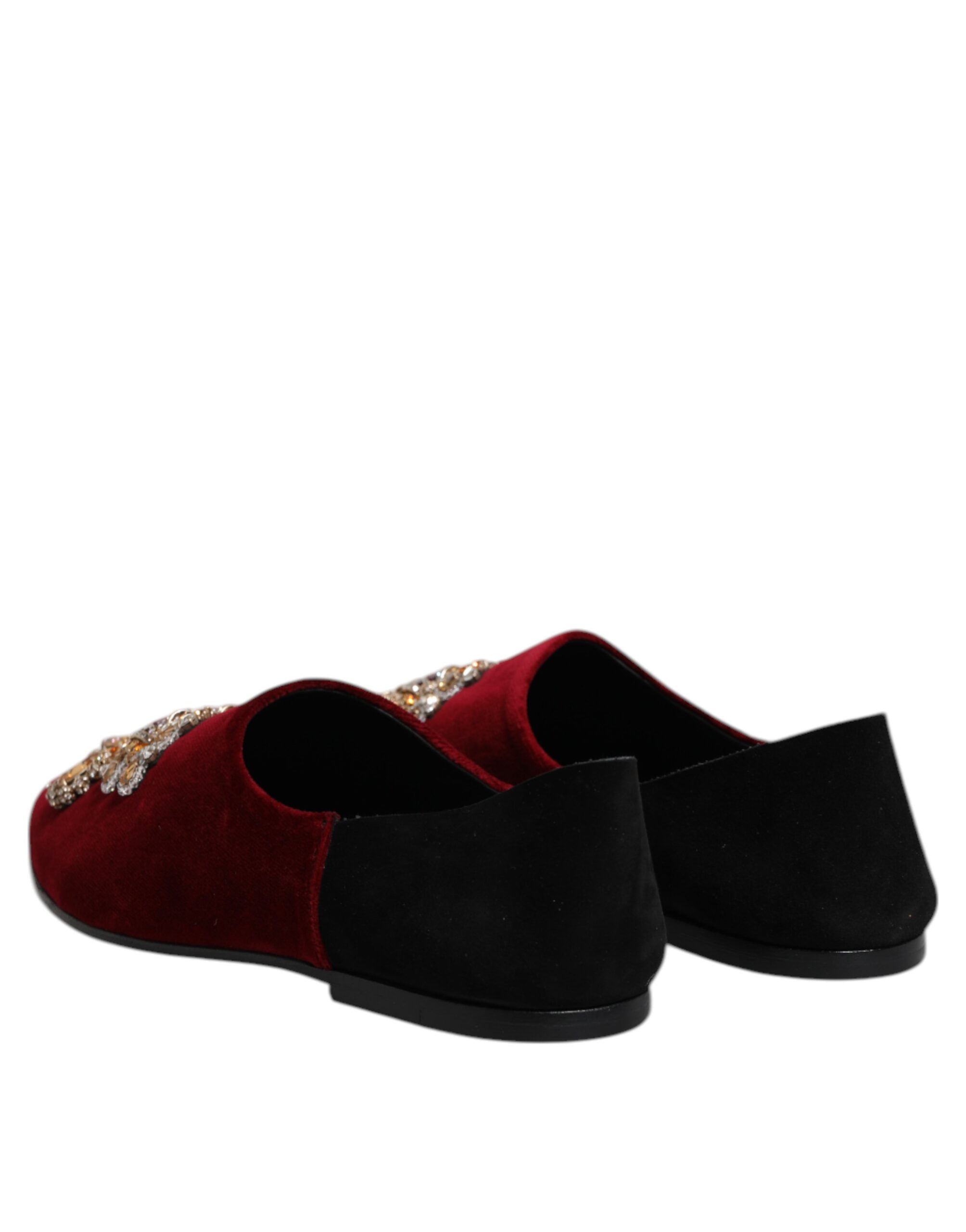 Dolce & Gabbana Black Red Velvet Embellished Slip On Shoes - Image 5