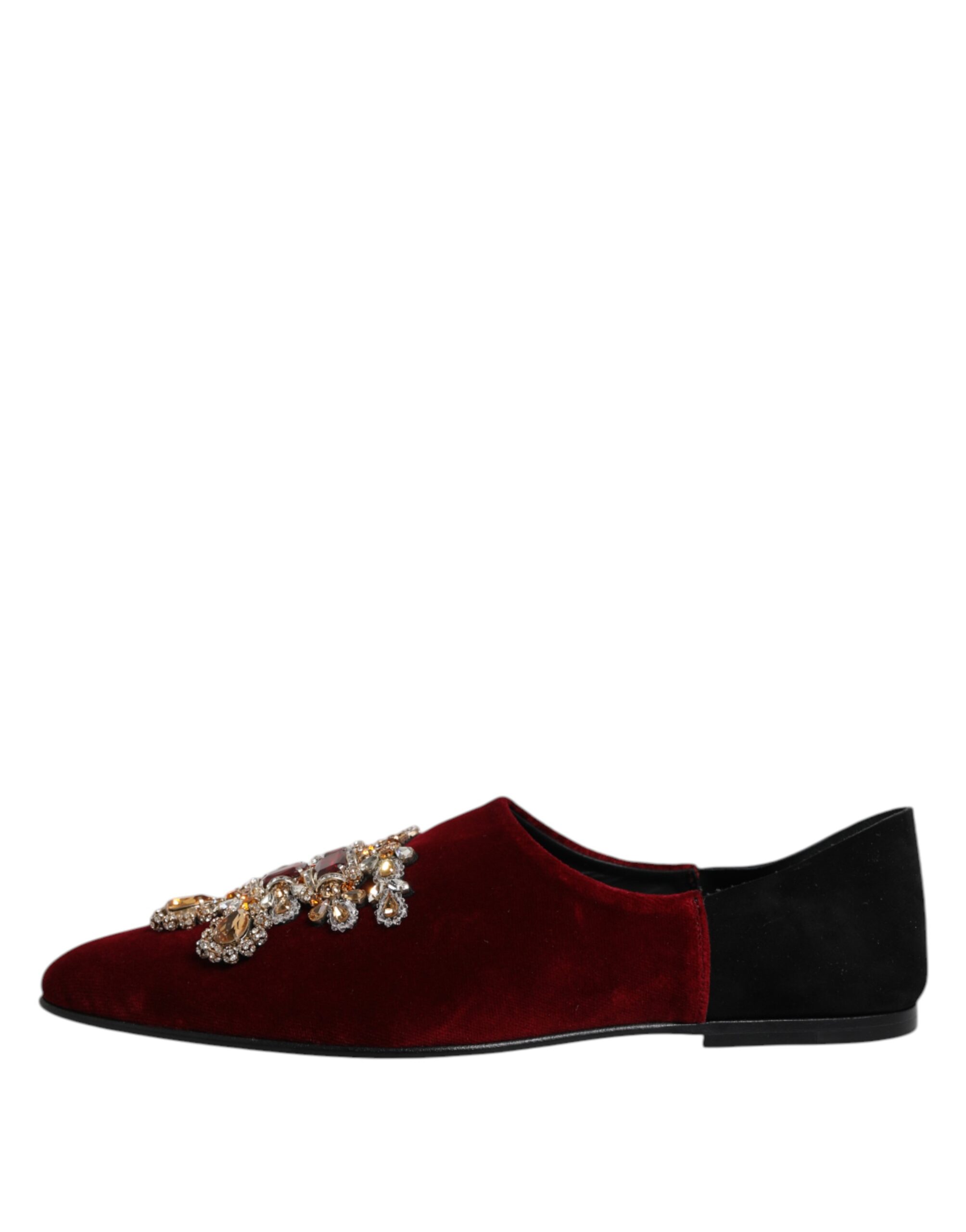 Dolce & Gabbana Black Red Velvet Embellished Slip On Shoes - Image 6
