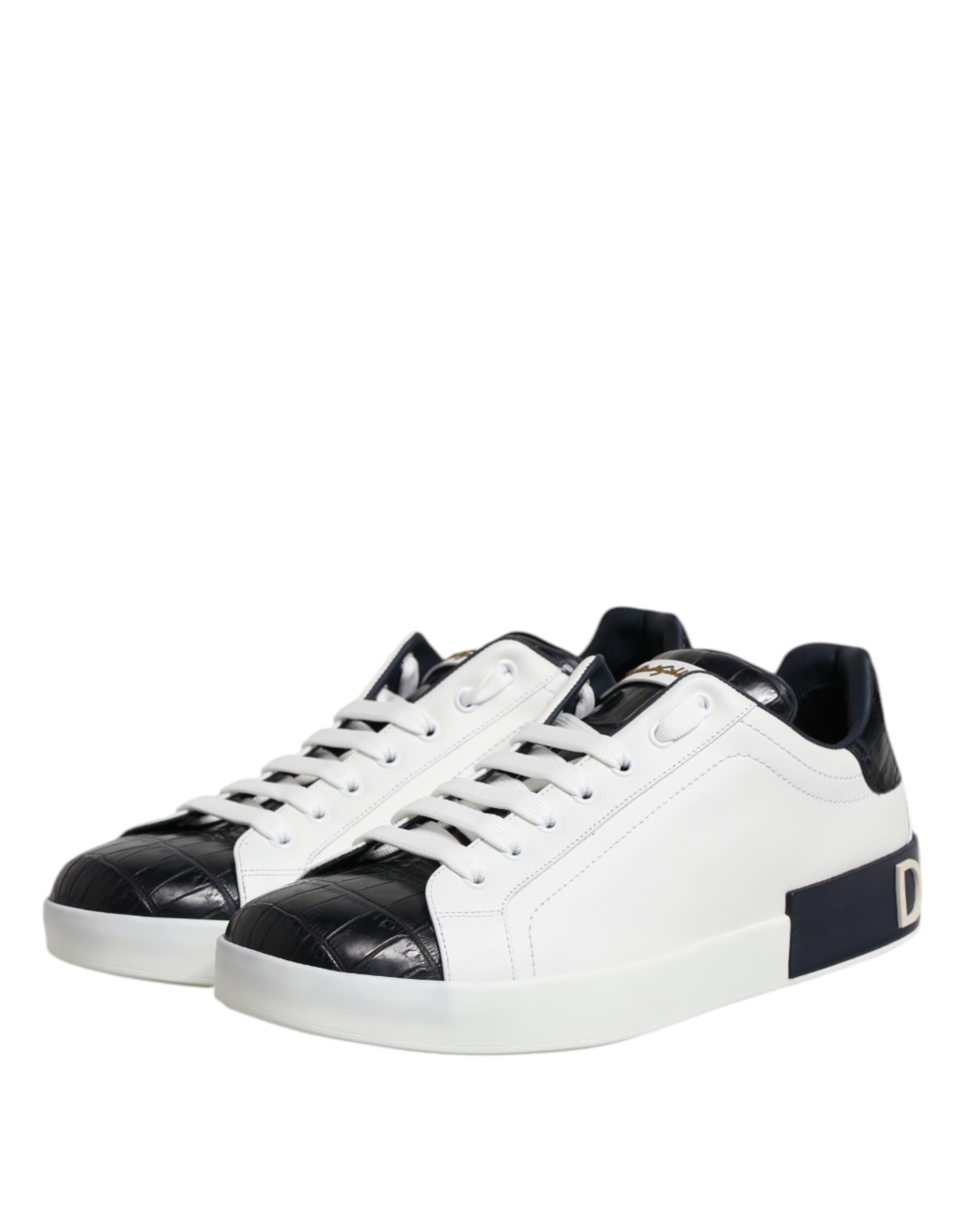 Dolce & Gabbana White Black Leather Portofino Sneaker Shoes - Image 4