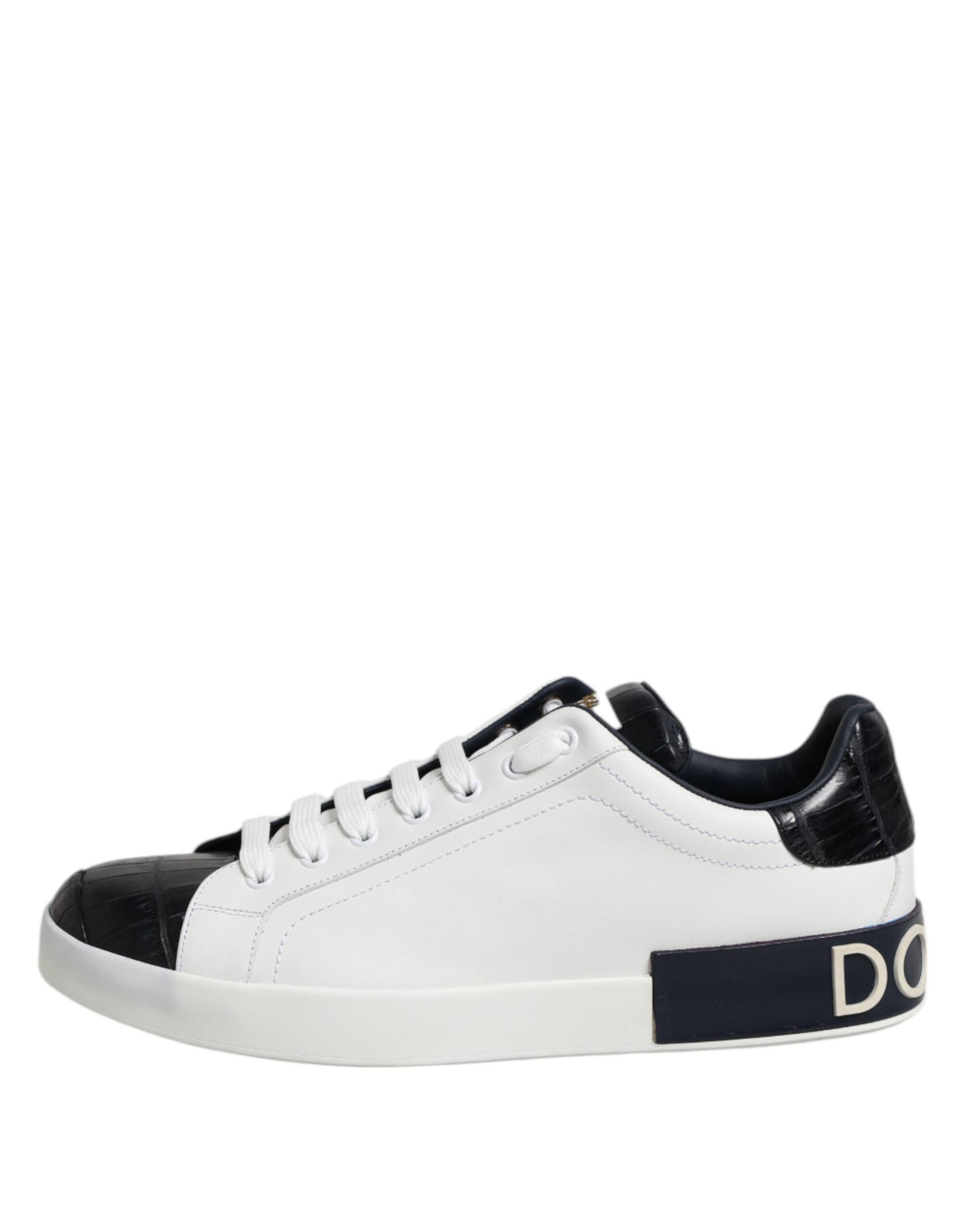 Dolce & Gabbana White Black Leather Portofino Sneaker Shoes - Image 6