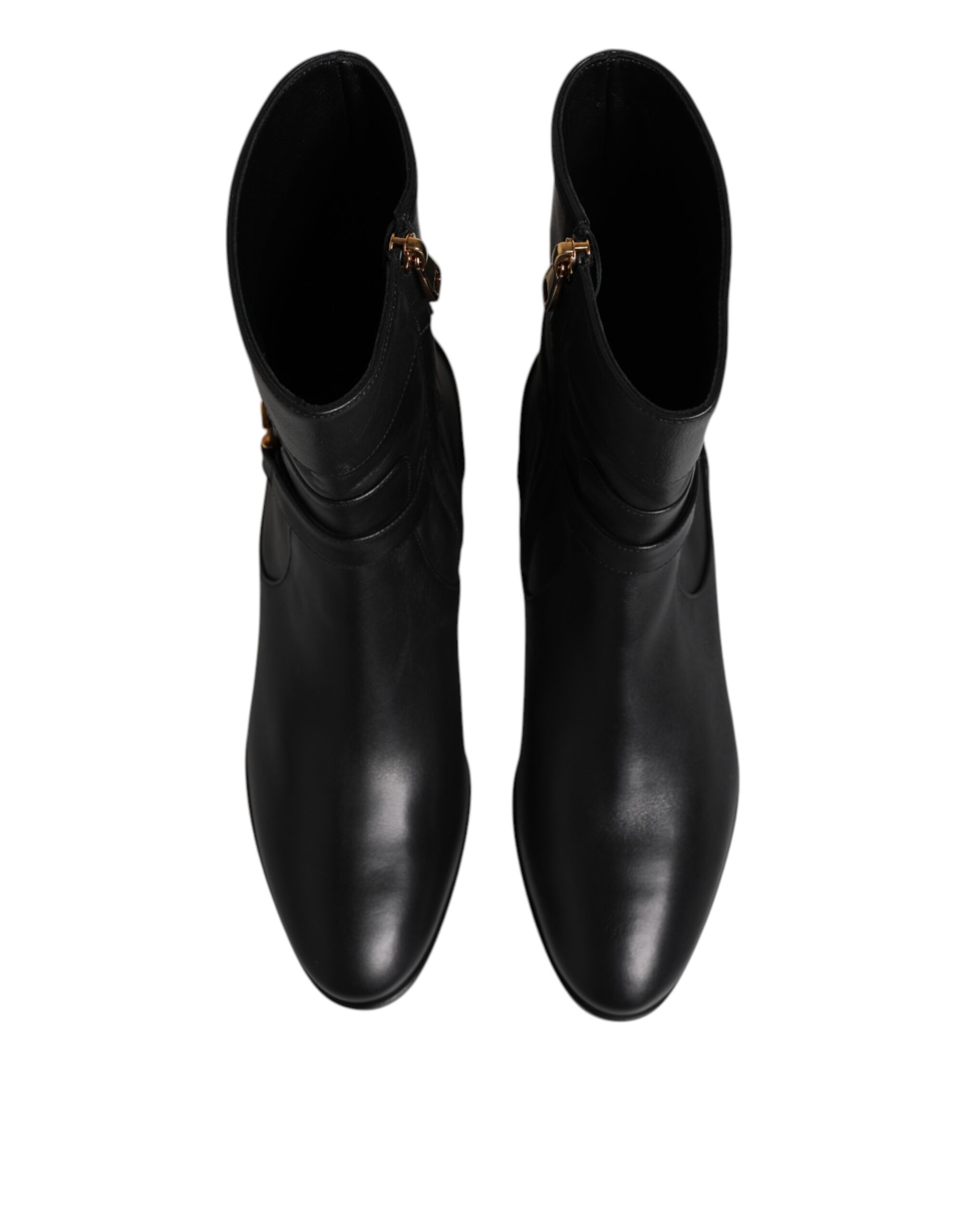 Dolce & Gabbana Black Leather Flats Logo Short Boots Shoes - Image 3