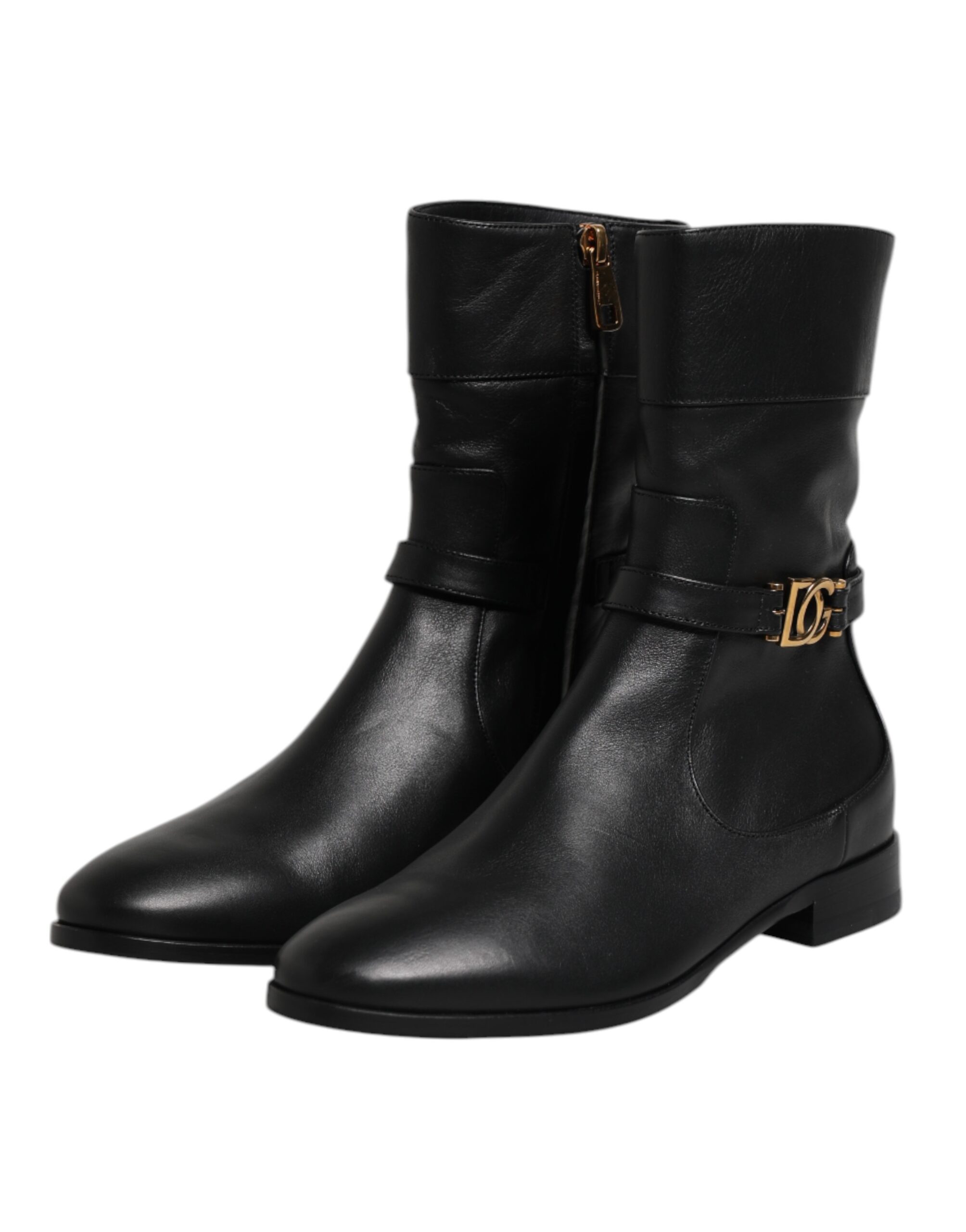 Dolce & Gabbana Black Leather Flats Logo Short Boots Shoes - Image 4