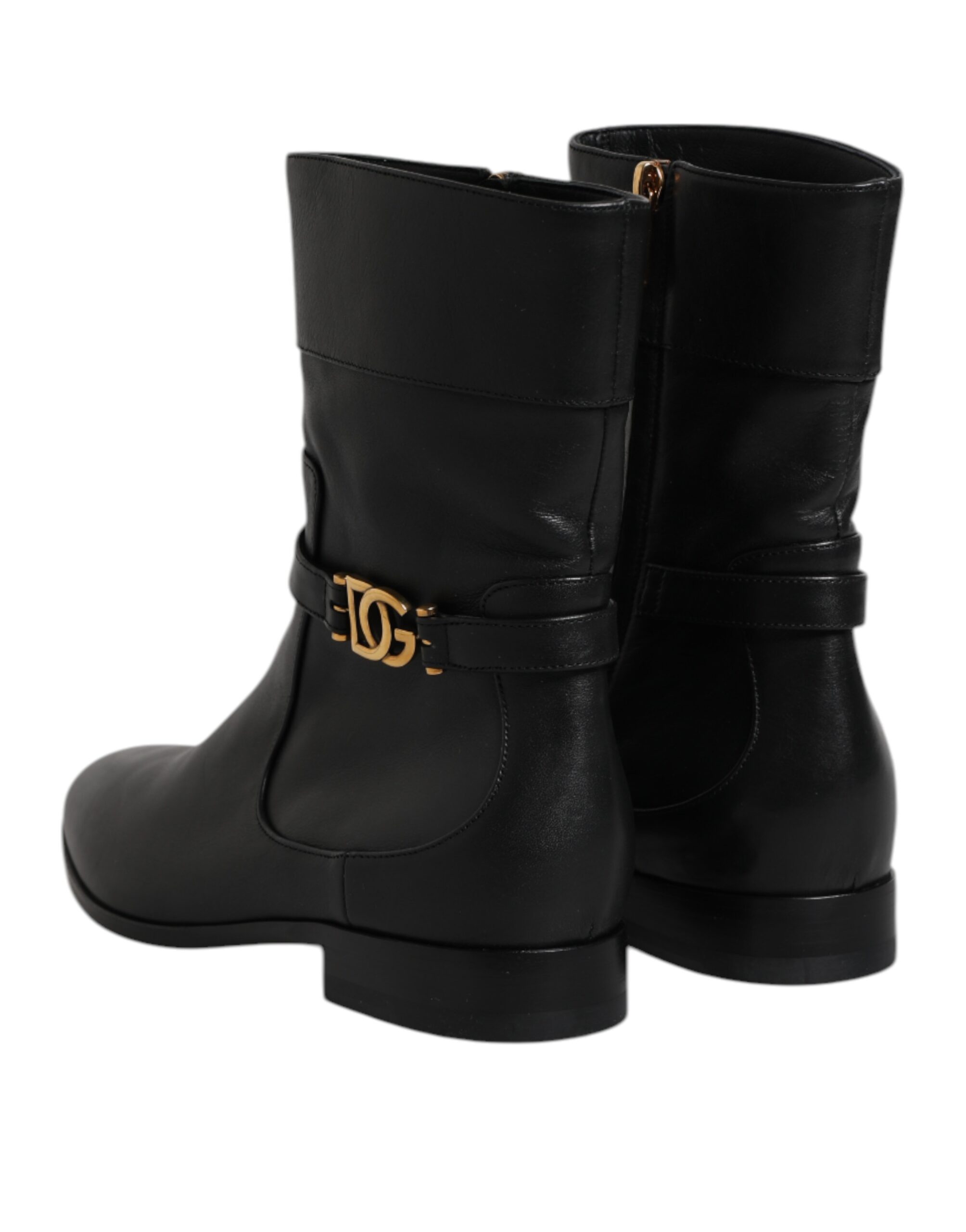 Dolce & Gabbana Black Leather Flats Logo Short Boots Shoes - Image 5