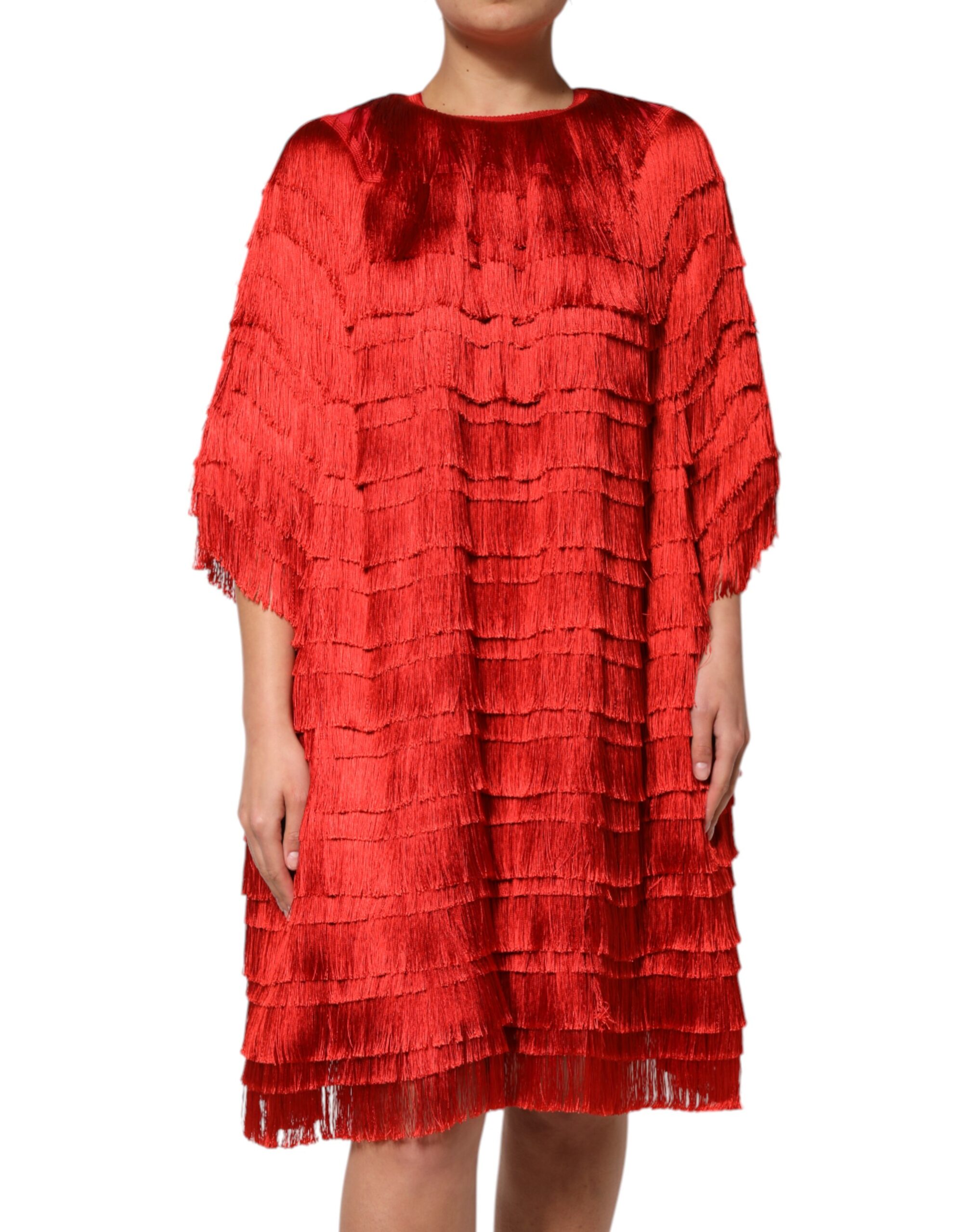 Dolce & Gabbana Red Silk Tiers Fringe Shift Knee Length Dress - Image 2