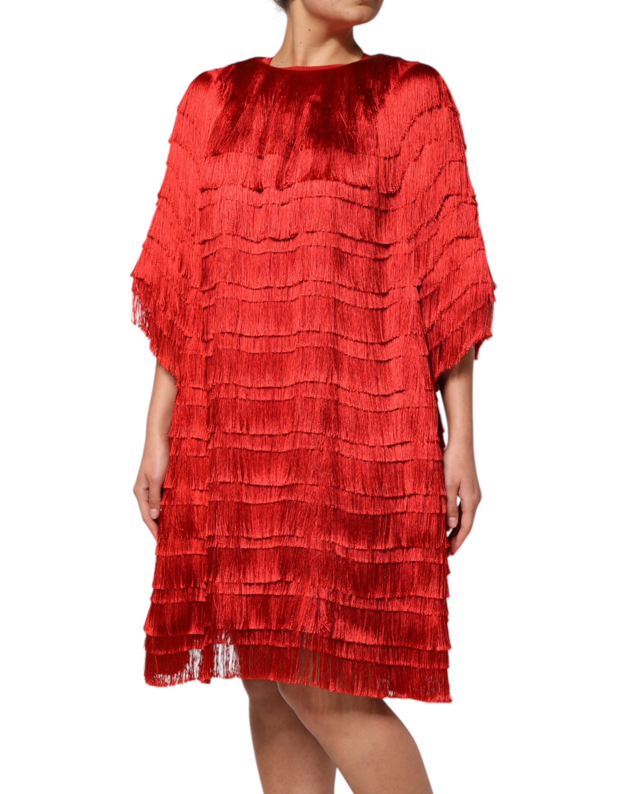 Dolce & Gabbana Red Silk Tiers Fringe Shift Knee Length Dress - Image 3