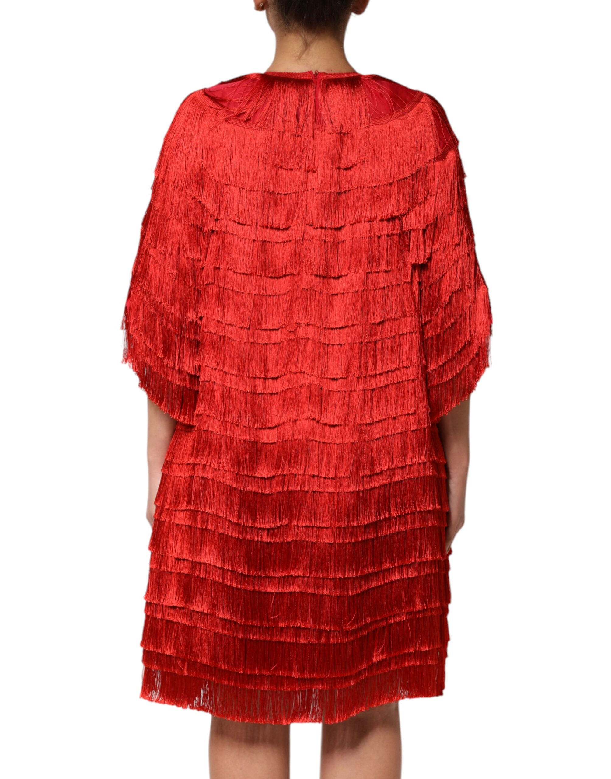 Dolce & Gabbana Red Silk Tiers Fringe Shift Knee Length Dress - Image 4