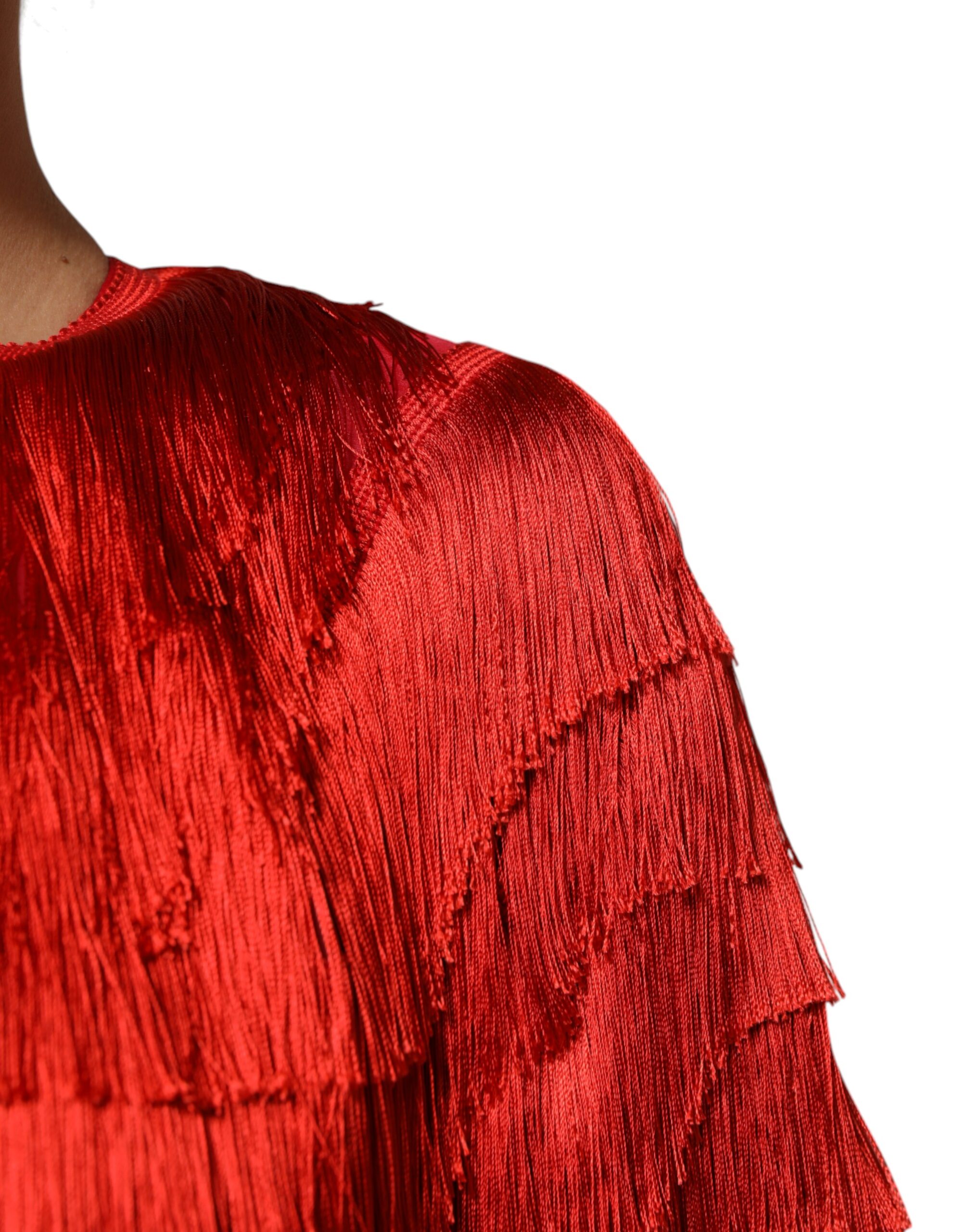 Dolce & Gabbana Red Silk Tiers Fringe Shift Knee Length Dress - Image 5