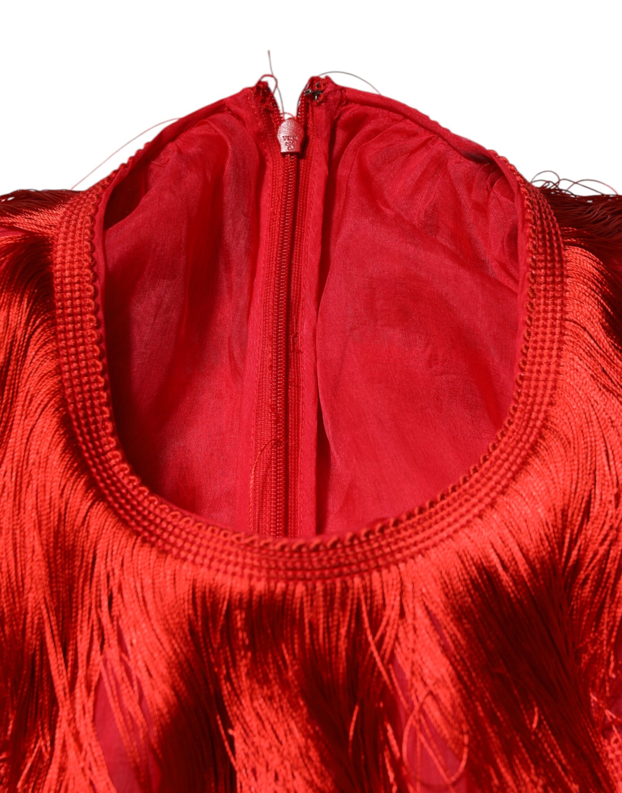 Dolce & Gabbana Red Silk Tiers Fringe Shift Knee Length Dress - Image 6