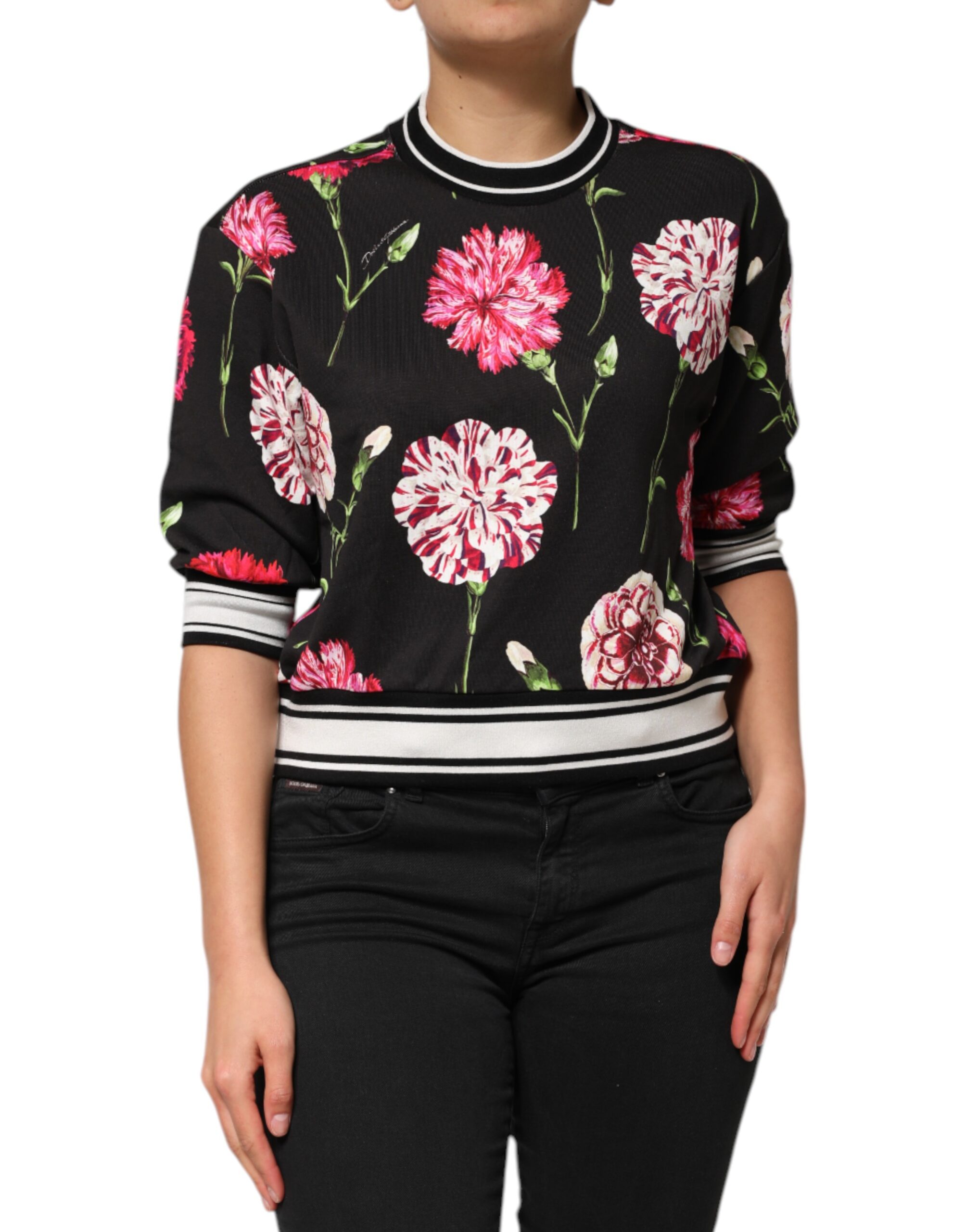 Dolce & Gabbana Black Floral Print Cotton Short Sleeves Top - Image 2