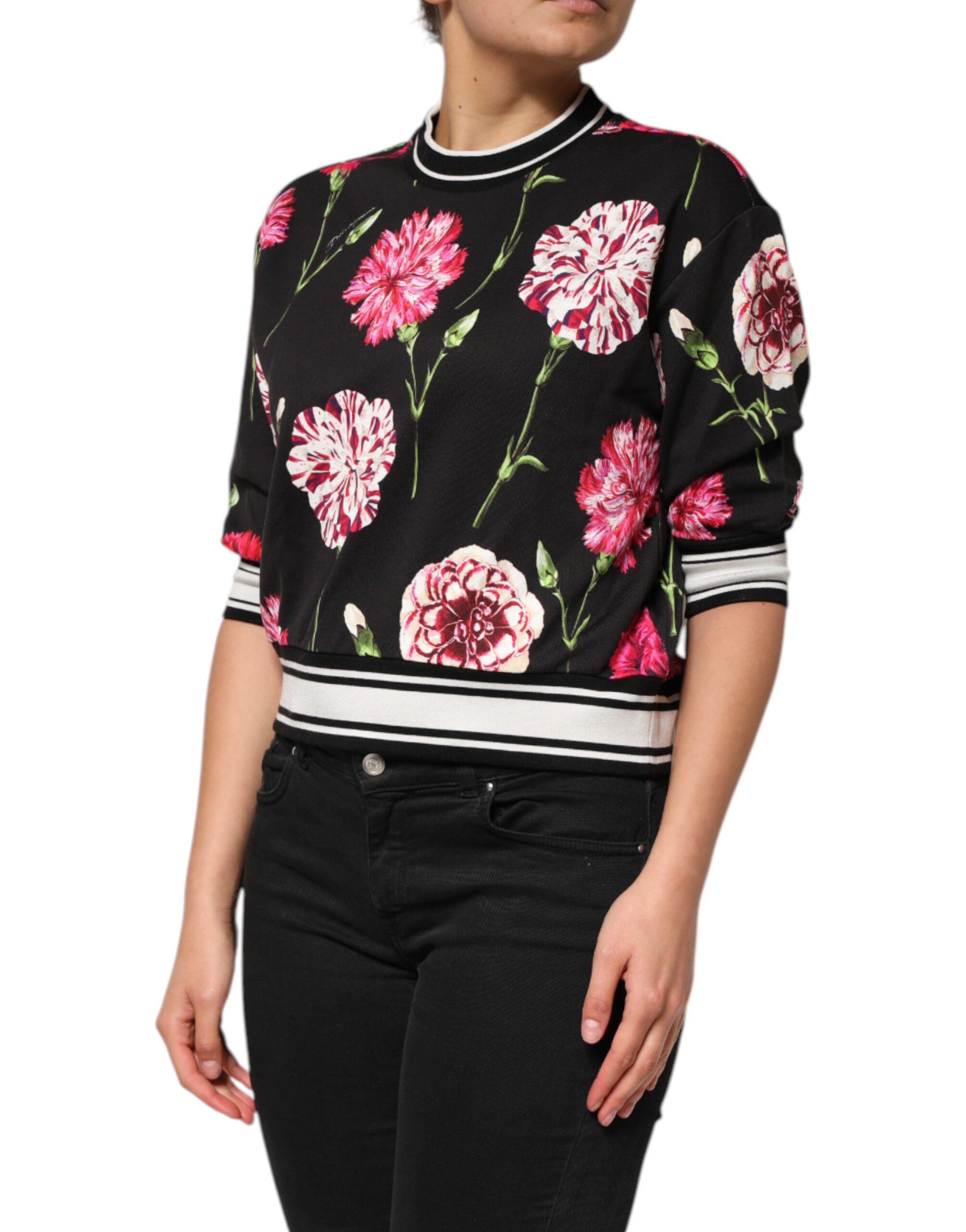 Dolce & Gabbana Black Floral Print Cotton Short Sleeves Top - Image 3