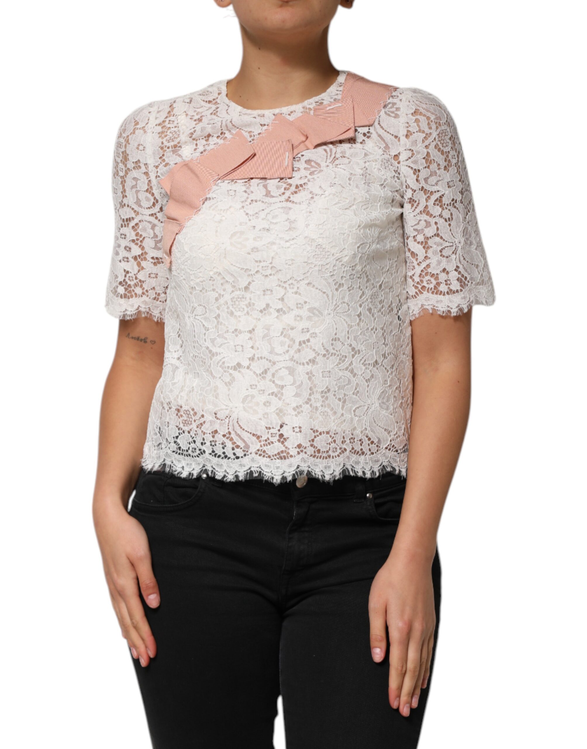 Dolce & Gabbana White Floral Lace Short Sleeves Blouse Top - Image 2