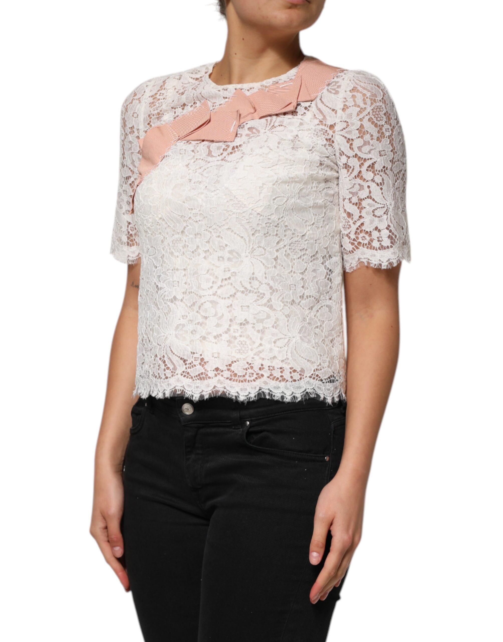 Dolce & Gabbana White Floral Lace Short Sleeves Blouse Top - Image 3