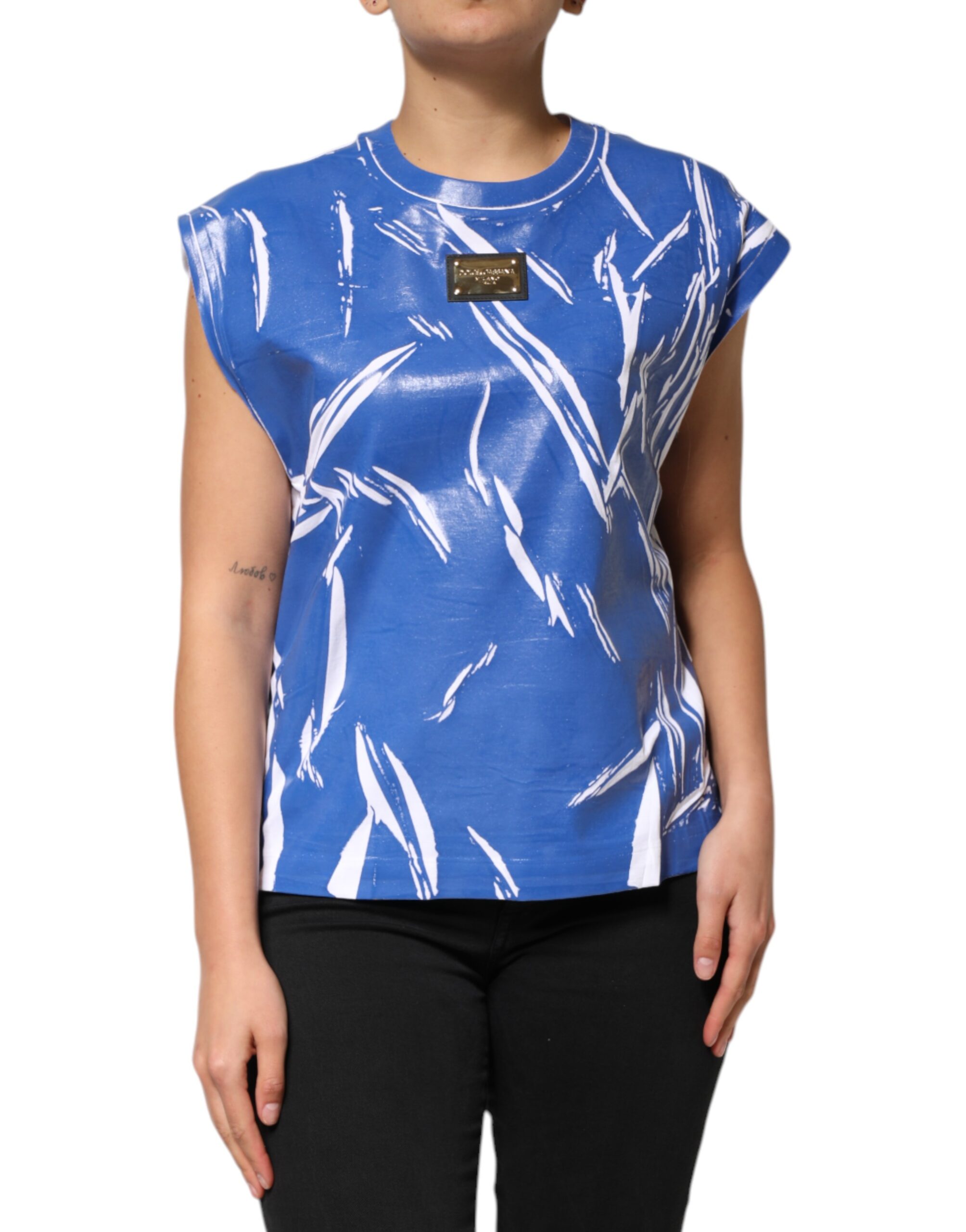 Dolce & Gabbana Blue White Cotton Logo Plaque Women Tank Top - Image 2