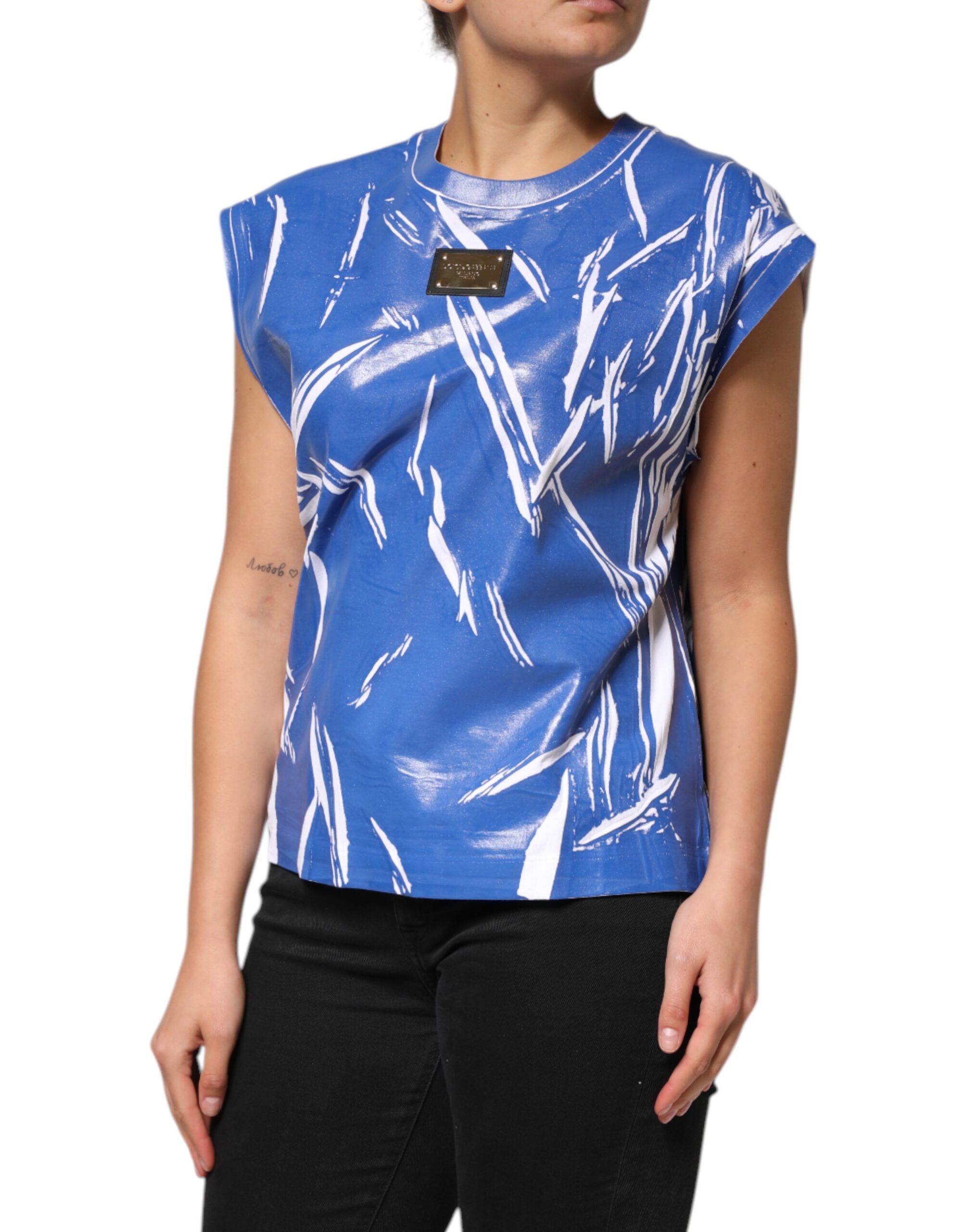 Dolce & Gabbana Blue White Cotton Logo Plaque Women Tank Top - Image 3