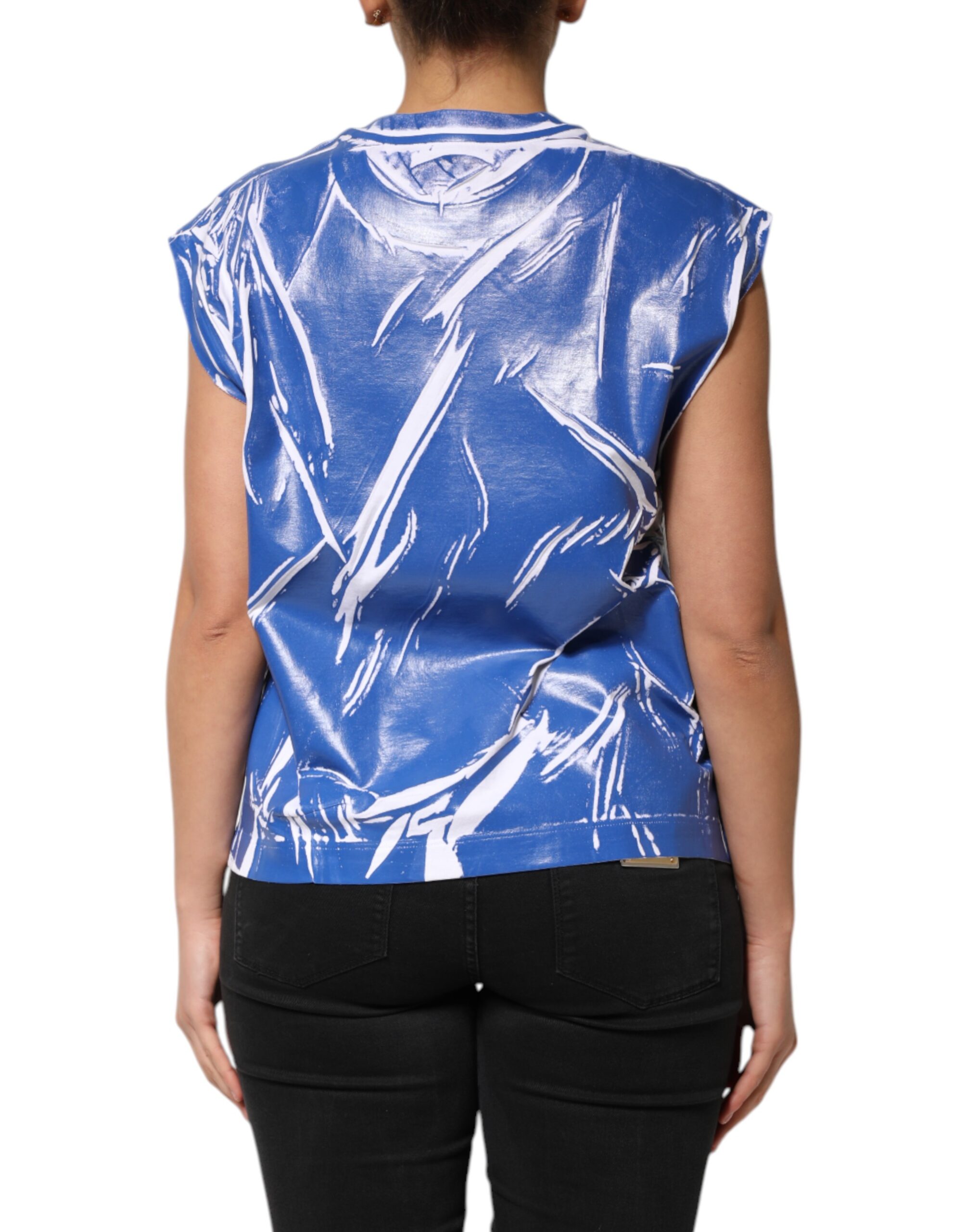 Dolce & Gabbana Blue White Cotton Logo Plaque Women Tank Top - Image 4