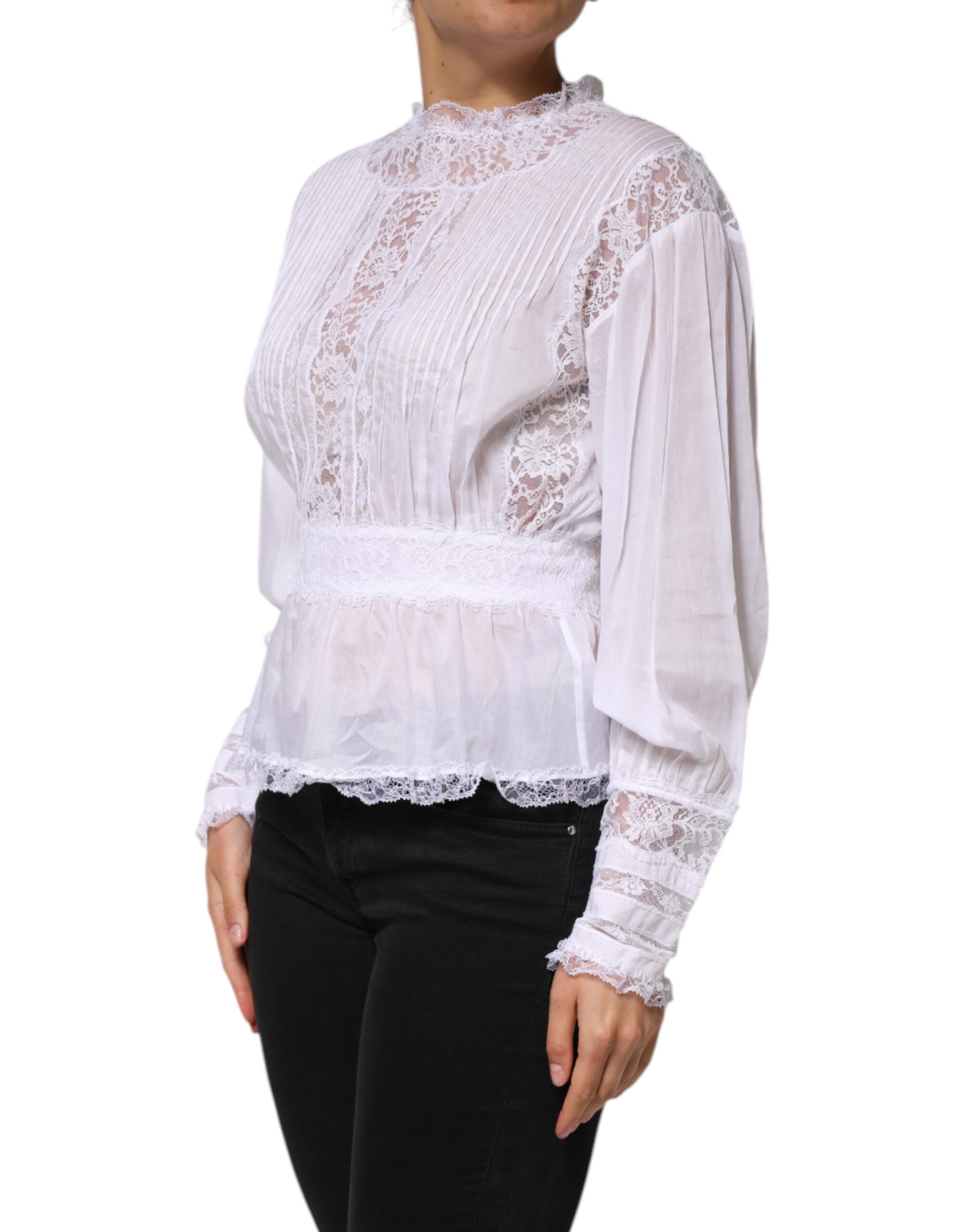Dolce & Gabbana White Cotton Floral Lace Long Sleeves Top - Image 3