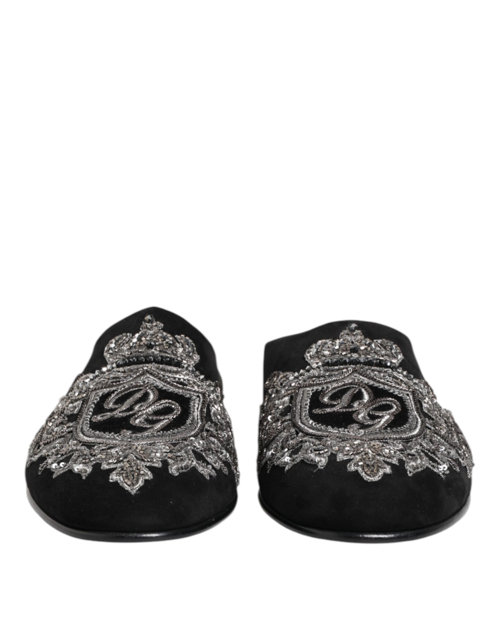 Dolce & Gabbana Black Velvet Slides DG Crown Slipper Shoes - Image 2