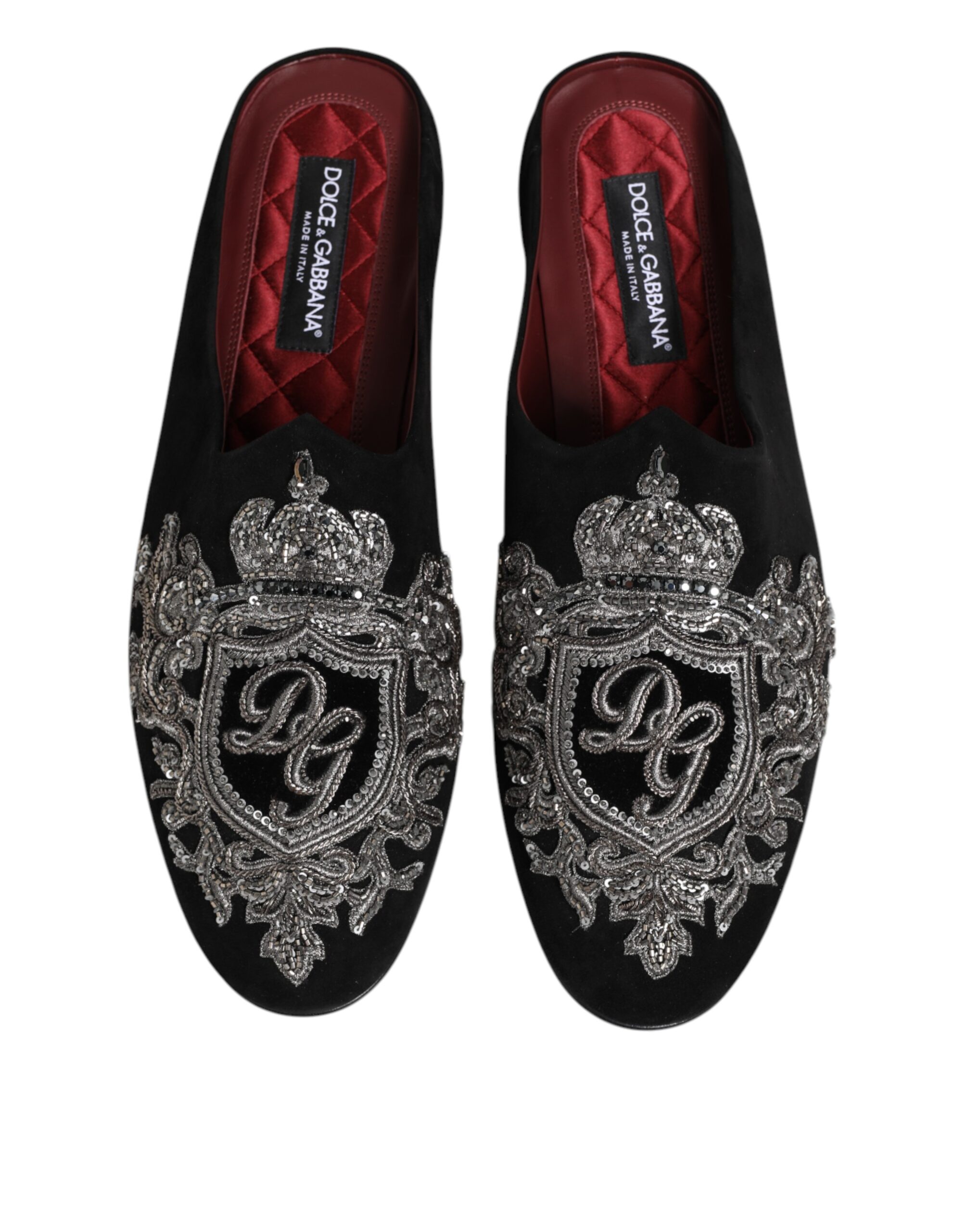 Dolce & Gabbana Black Velvet Slides DG Crown Slipper Shoes - Image 3