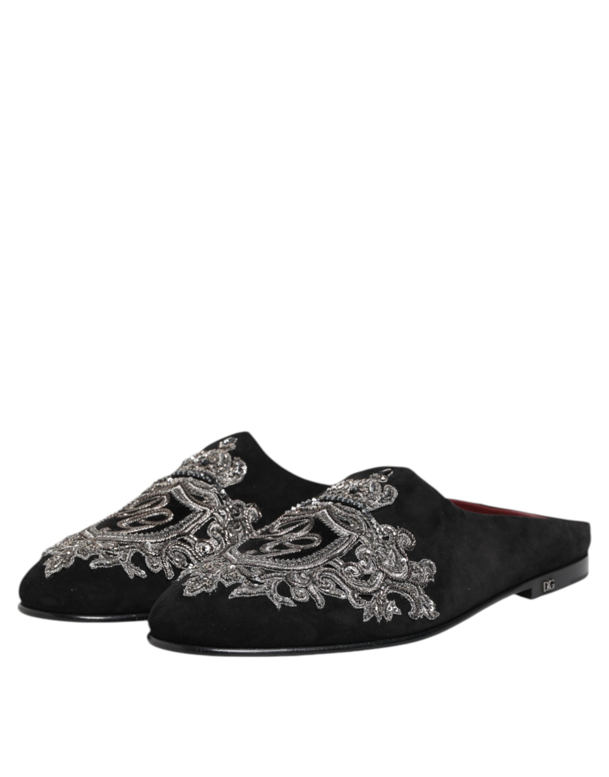 Dolce & Gabbana Black Velvet Slides DG Crown Slipper Shoes - Image 4