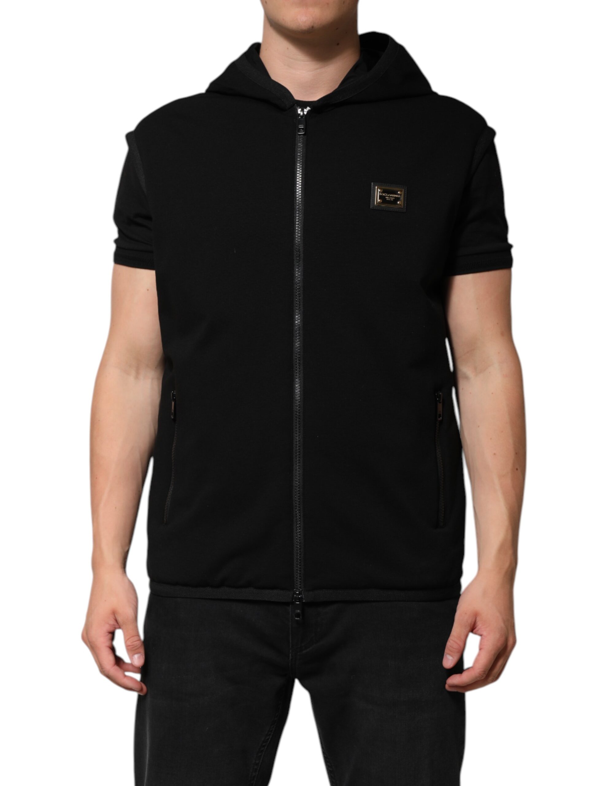 Dolce & Gabbana Black Sleeveless Hooded Logo Plaque Jacket - Image 2