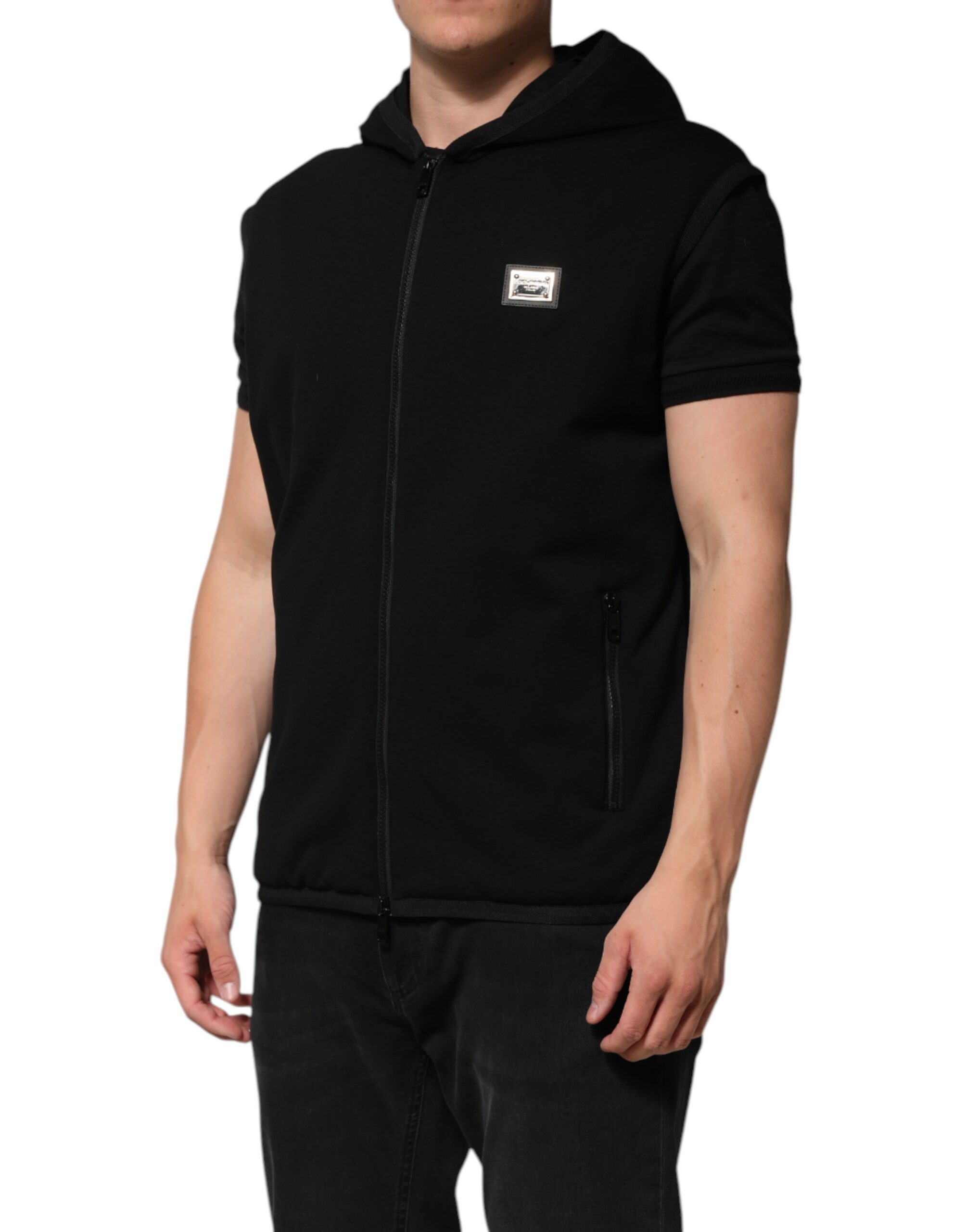 Dolce & Gabbana Black Sleeveless Hooded Logo Plaque Jacket - Image 3