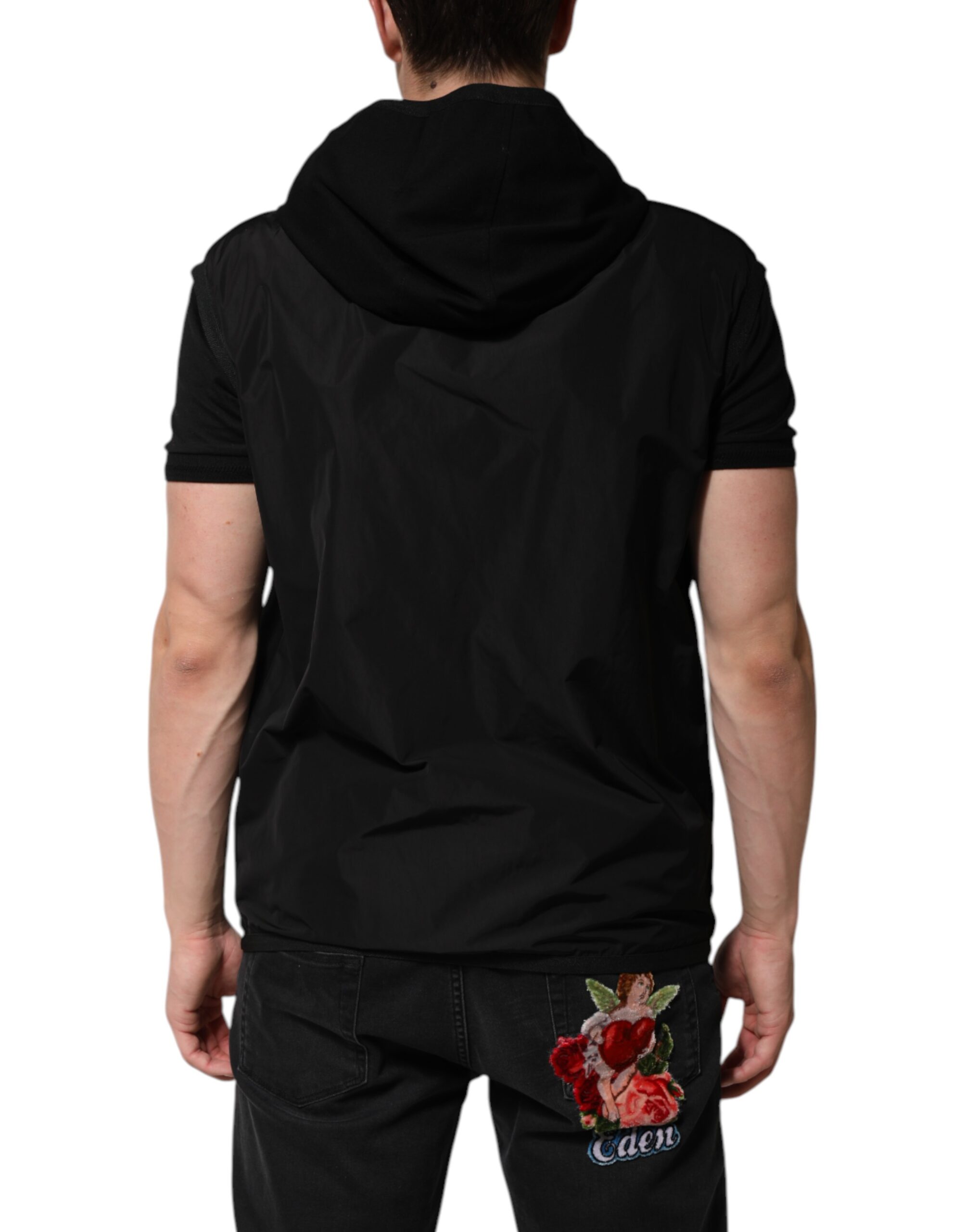 Dolce & Gabbana Black Sleeveless Hooded Logo Plaque Jacket - Image 4