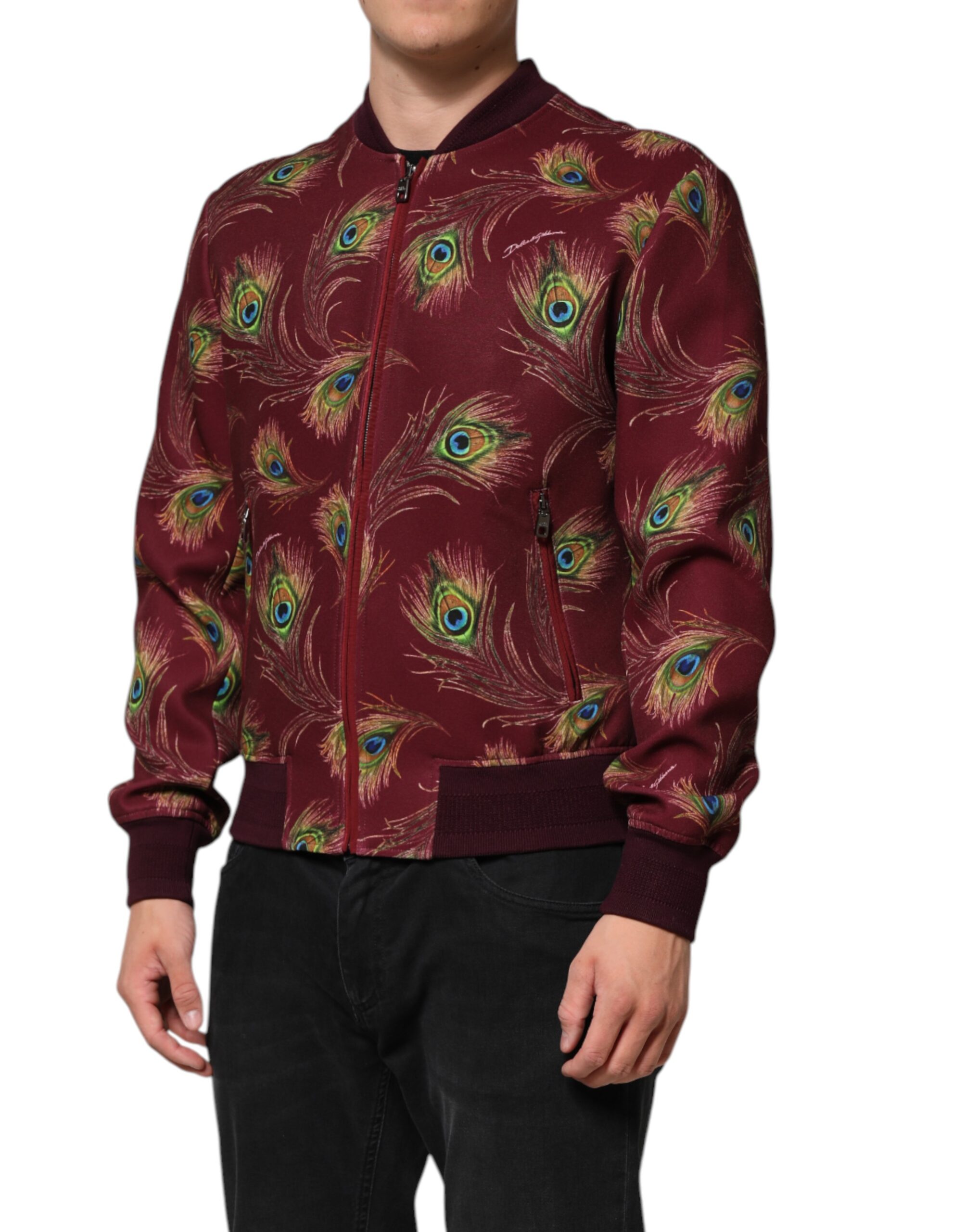 Dolce & Gabbana Maroon Peacock Feather Print Bomber Jacket - Image 3