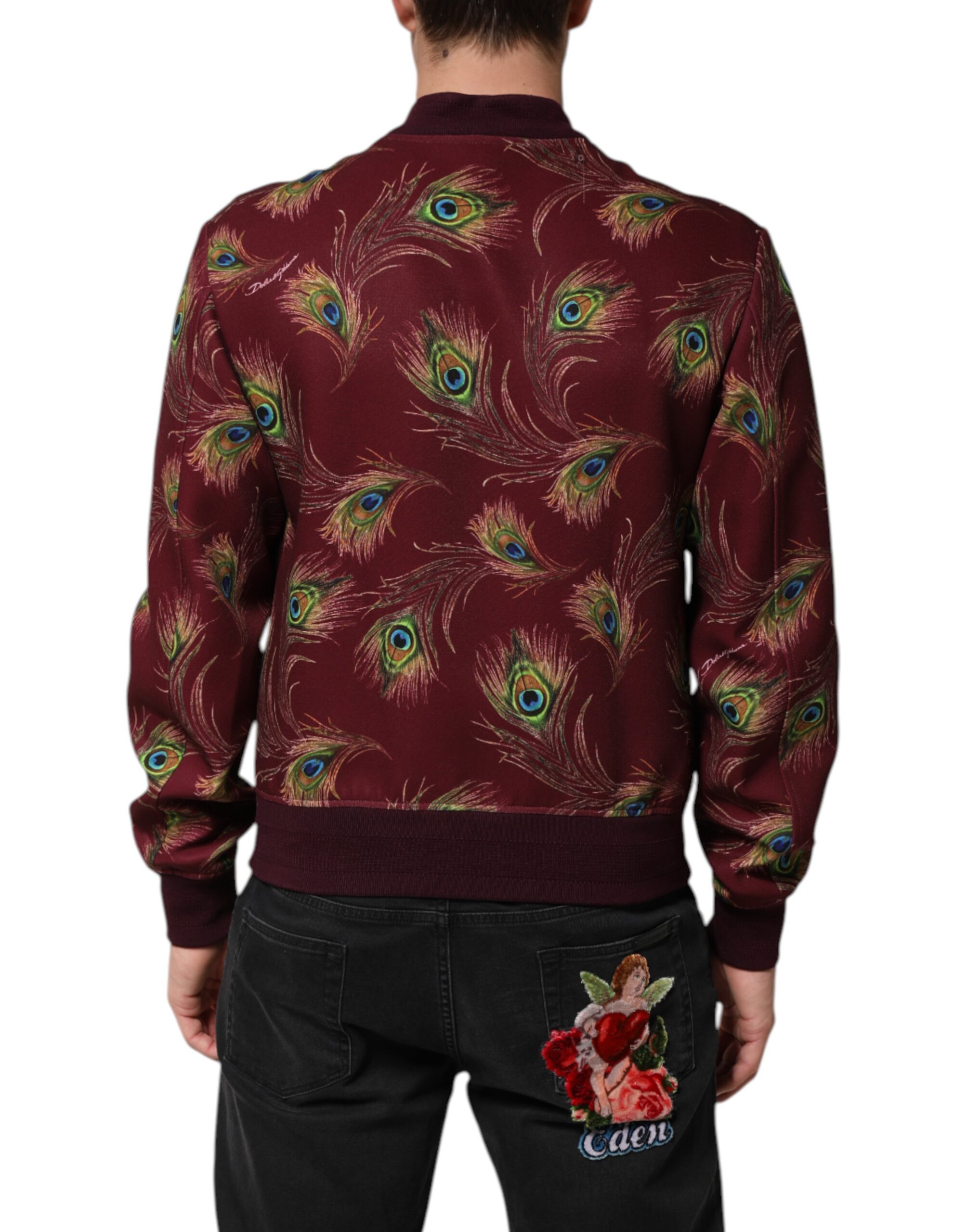 Dolce & Gabbana Maroon Peacock Feather Print Bomber Jacket - Image 4
