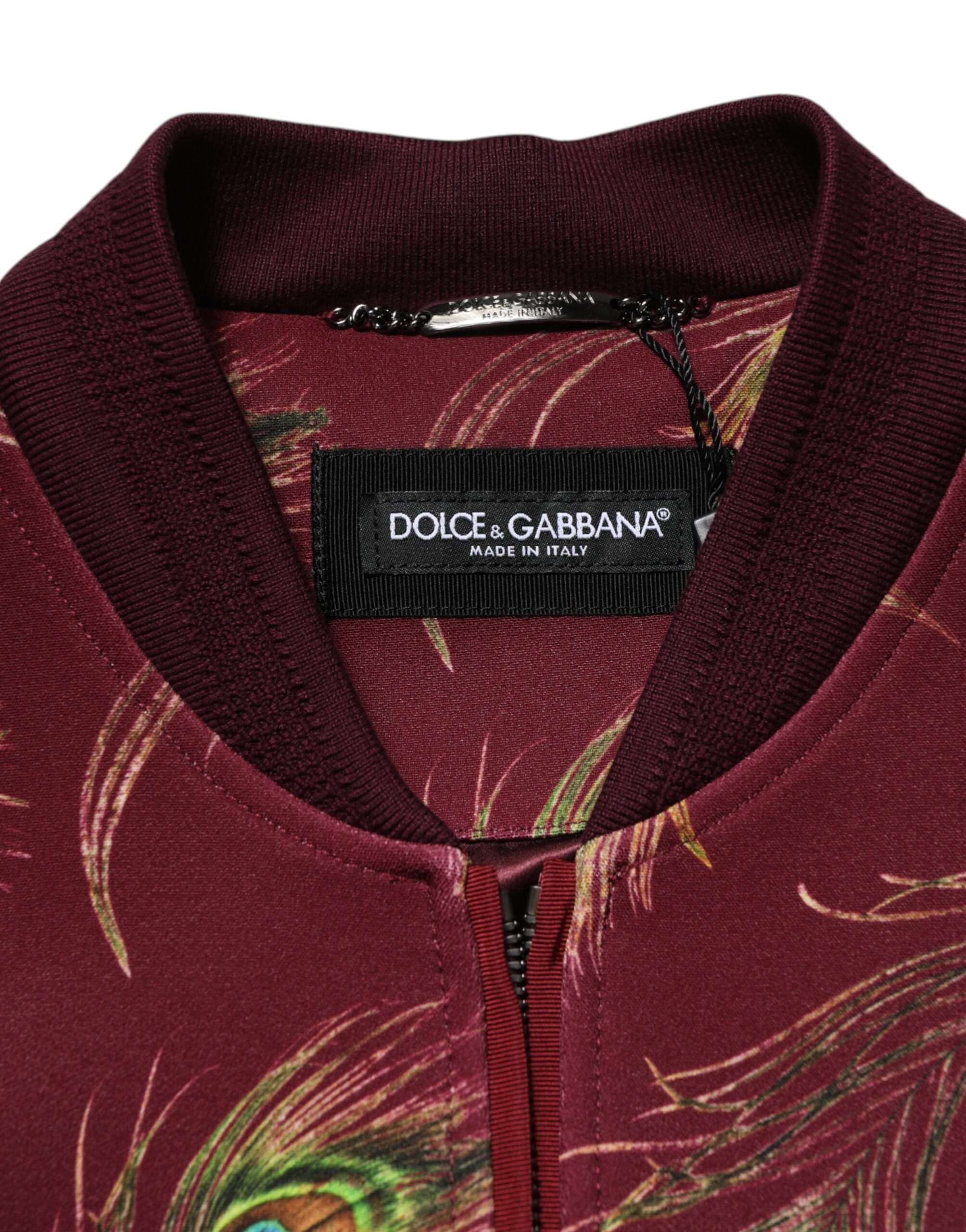 Dolce & Gabbana Maroon Peacock Feather Print Bomber Jacket - Image 5