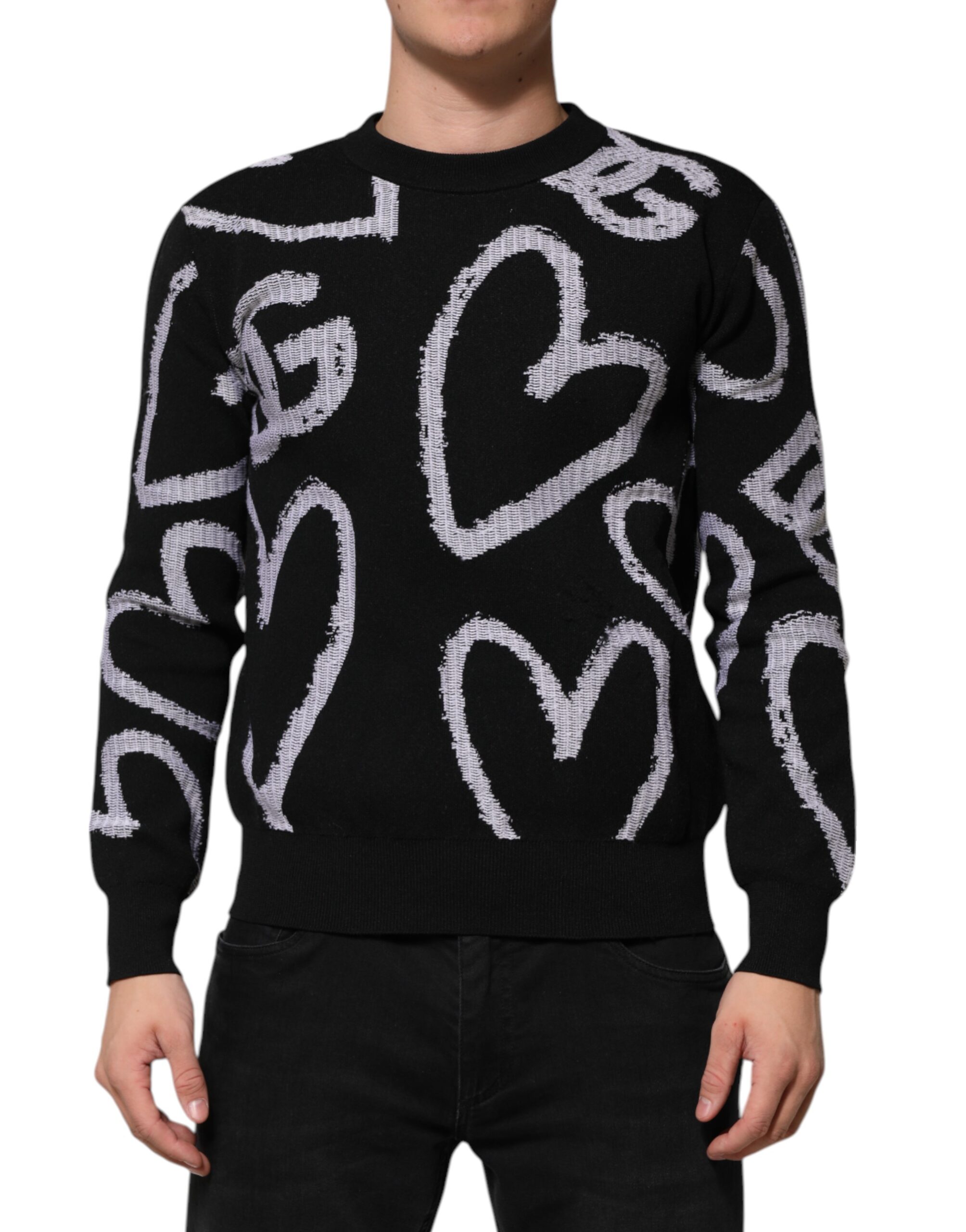 Dolce & Gabbana Black Nylon Wool Heart Print Pullover Sweater - Image 2