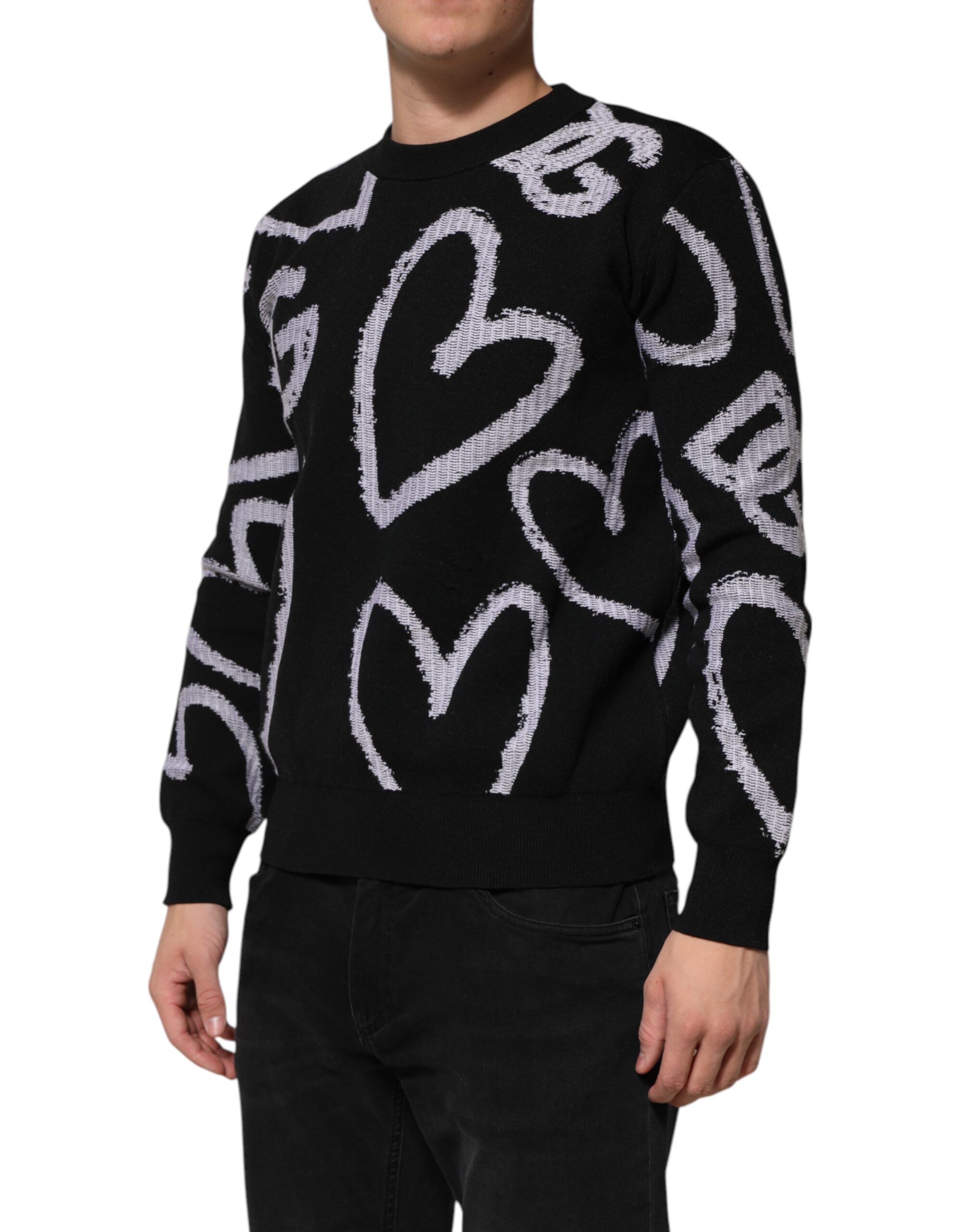 Dolce & Gabbana Black Nylon Wool Heart Print Pullover Sweater - Image 3
