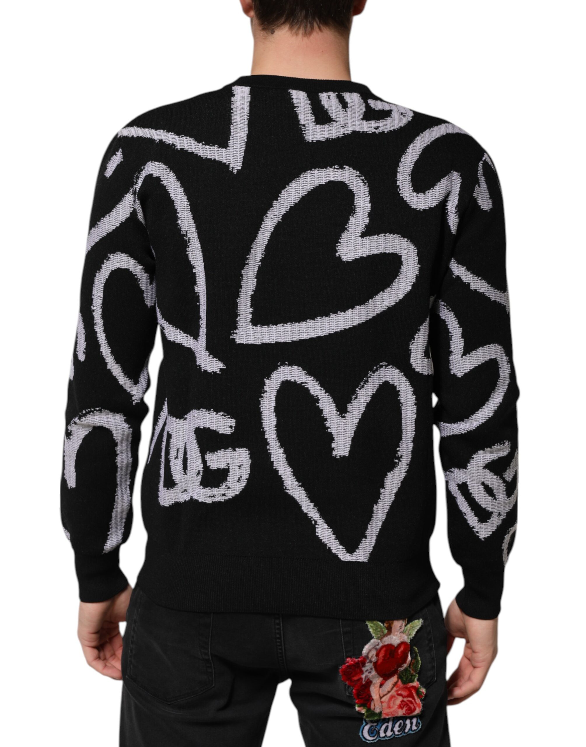 Dolce & Gabbana Black Nylon Wool Heart Print Pullover Sweater - Image 4