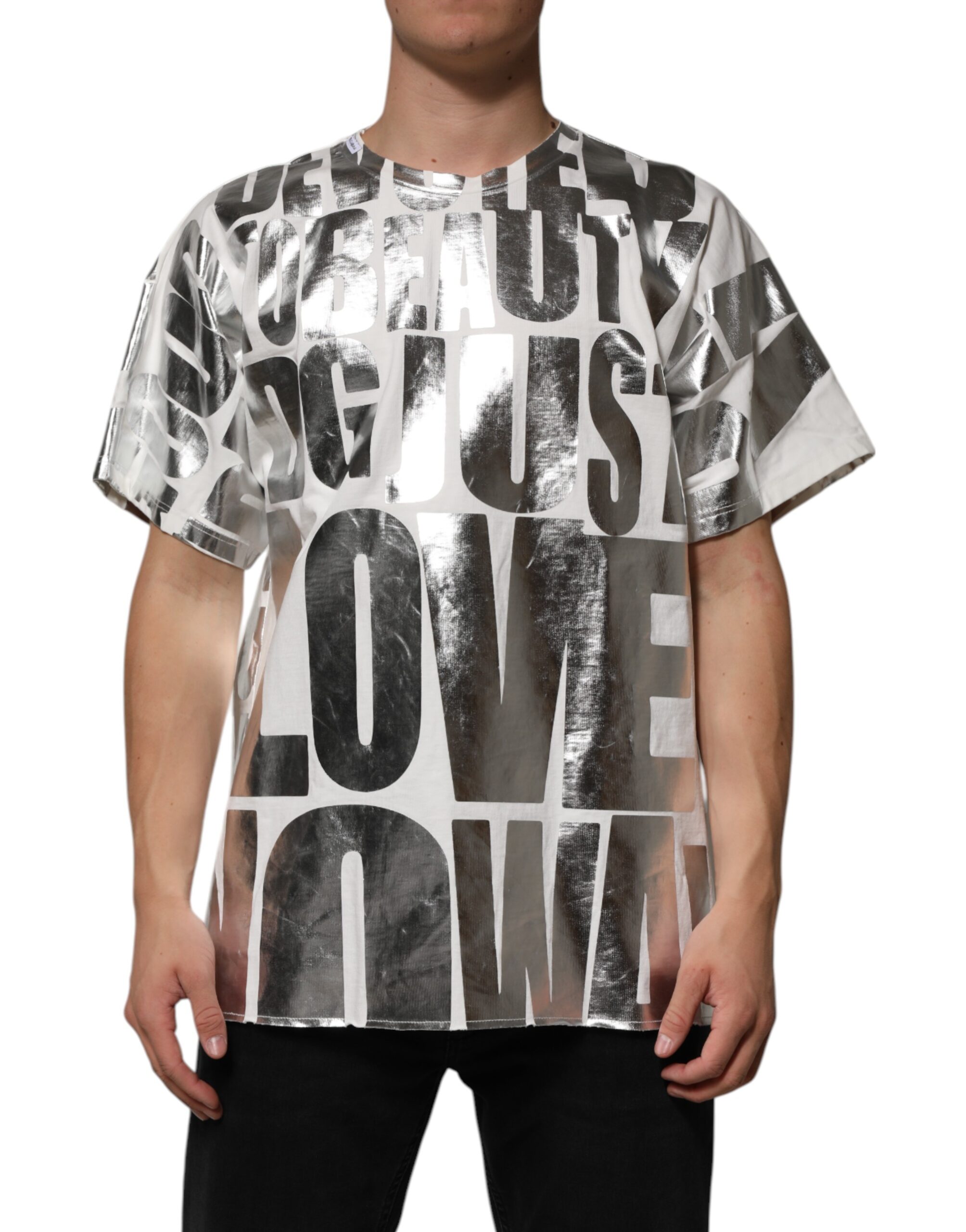 Dolce & Gabbana White Cotton Silver Metallic Slogan Print T-shirt - Image 2