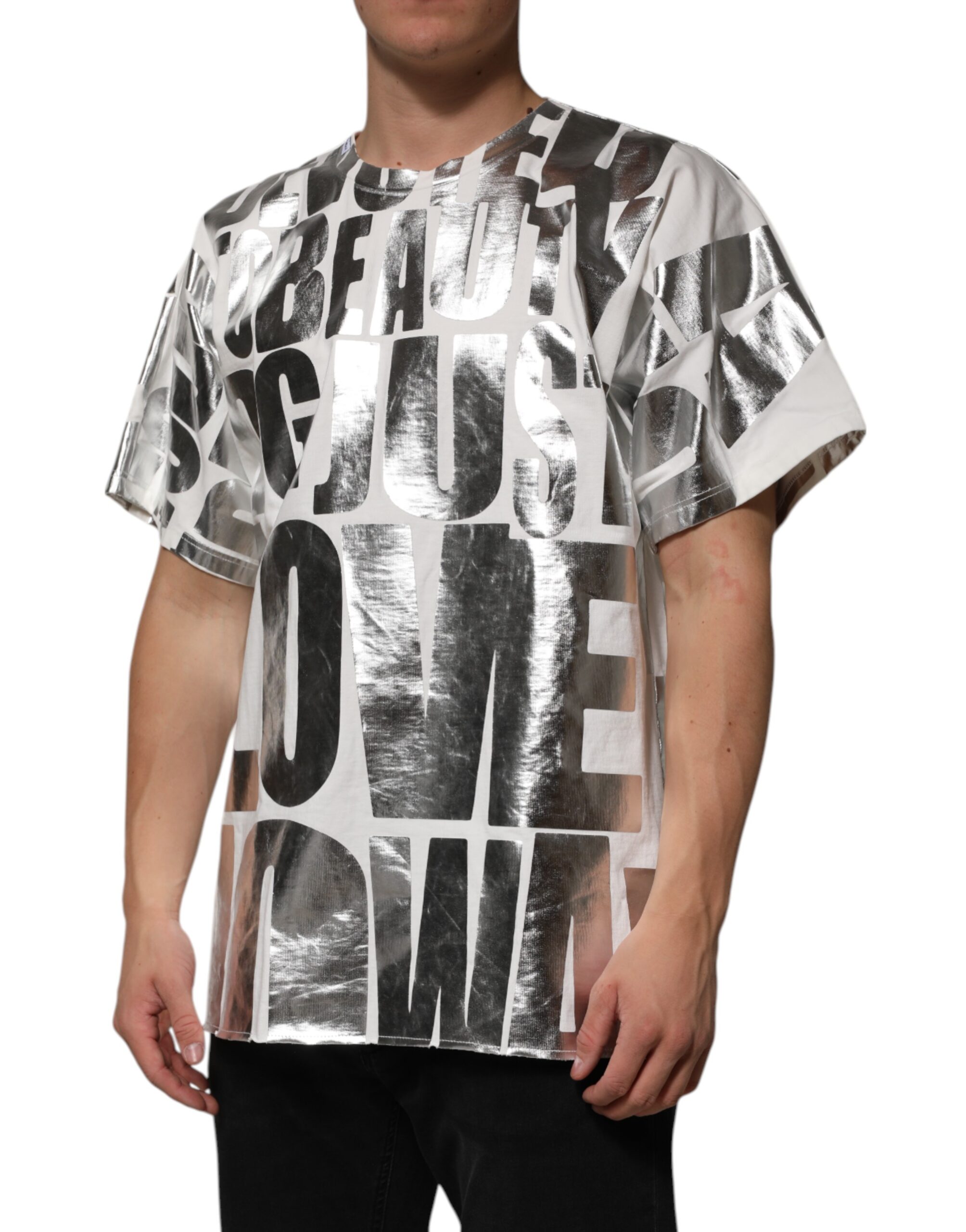 Dolce & Gabbana White Cotton Silver Metallic Slogan Print T-shirt - Image 3