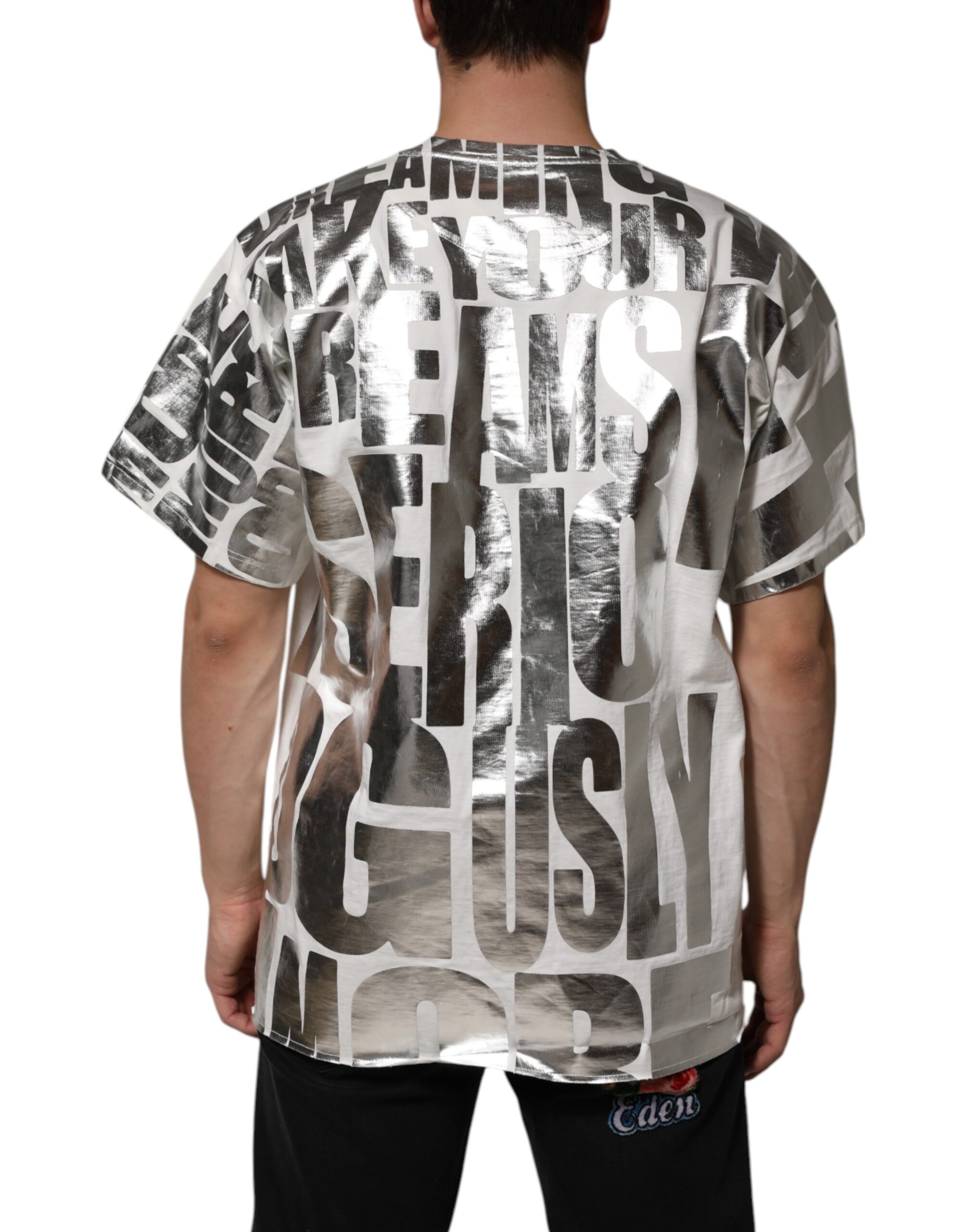 Dolce & Gabbana White Cotton Silver Metallic Slogan Print T-shirt - Image 4
