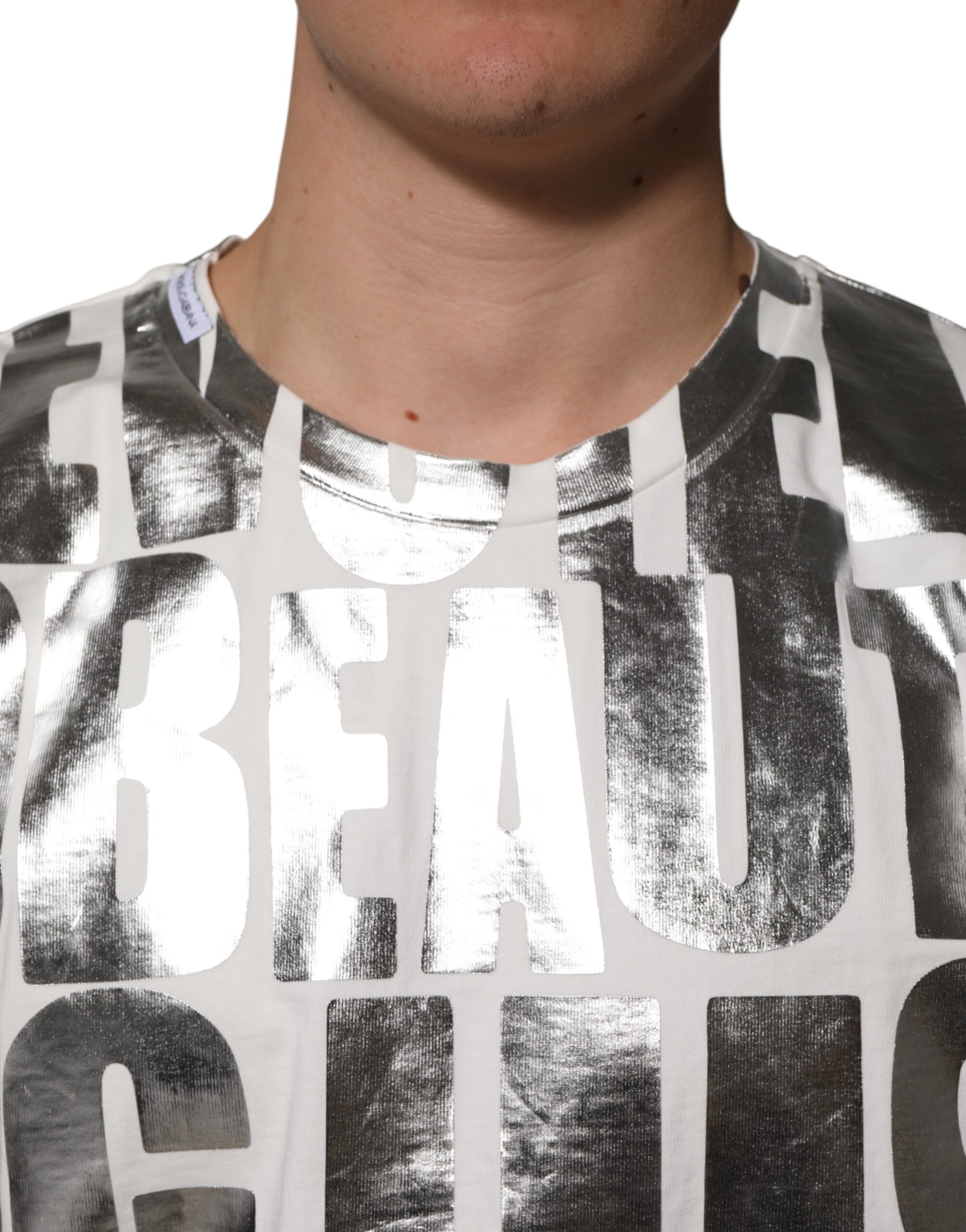 Dolce & Gabbana White Cotton Silver Metallic Slogan Print T-shirt - Image 5
