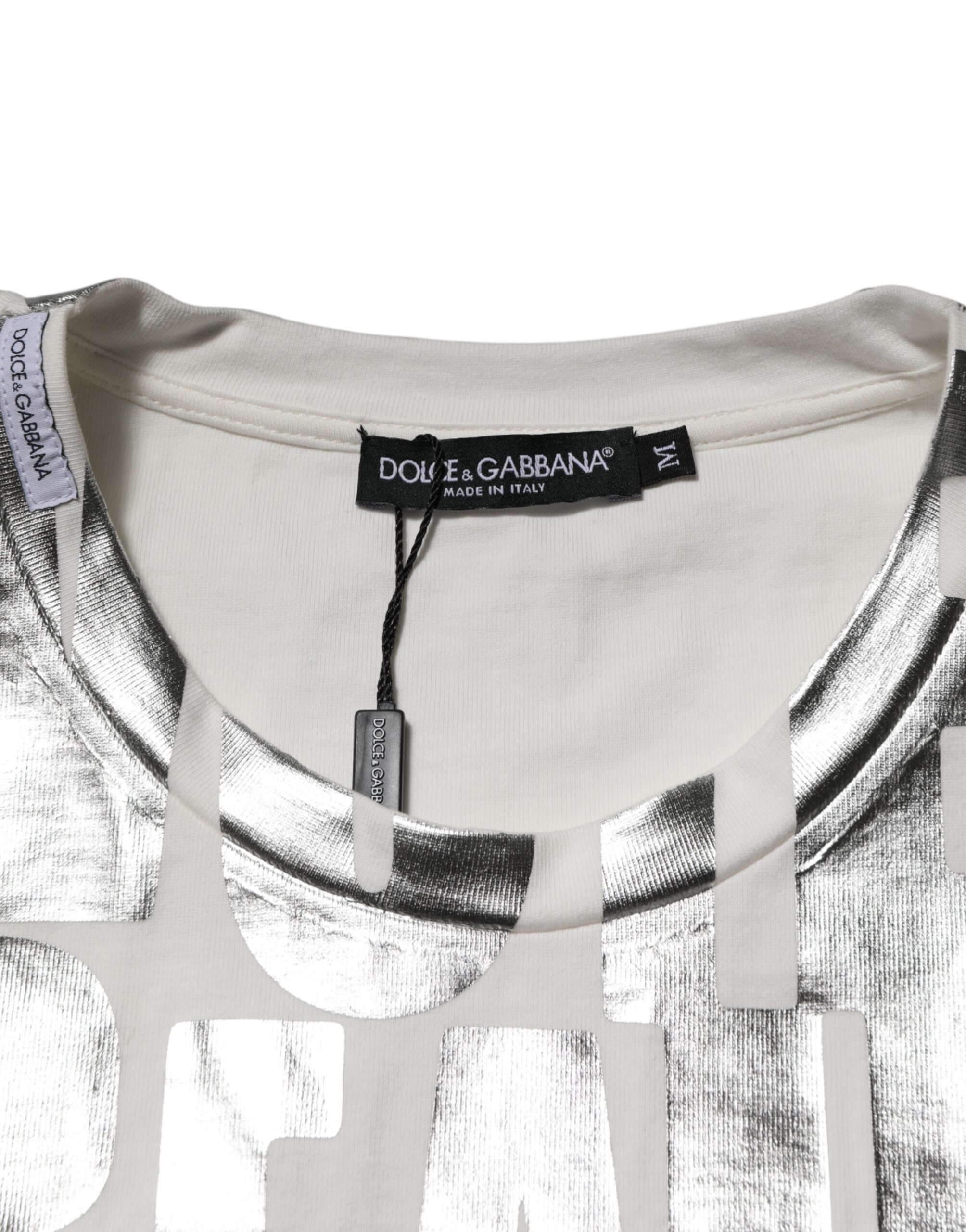 Dolce & Gabbana White Cotton Silver Metallic Slogan Print T-shirt - Image 6