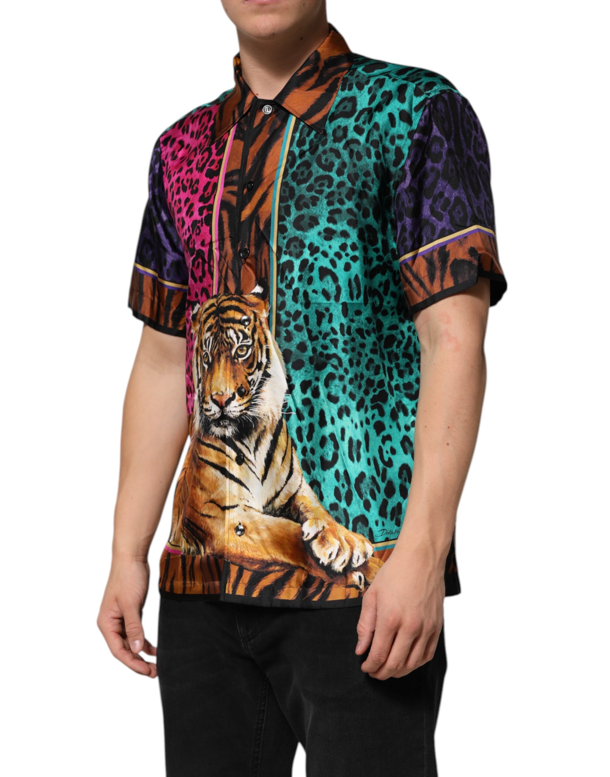 Dolce & Gabbana Multicolor Silk Tiger Print Hawaiian T-shirt - Image 3