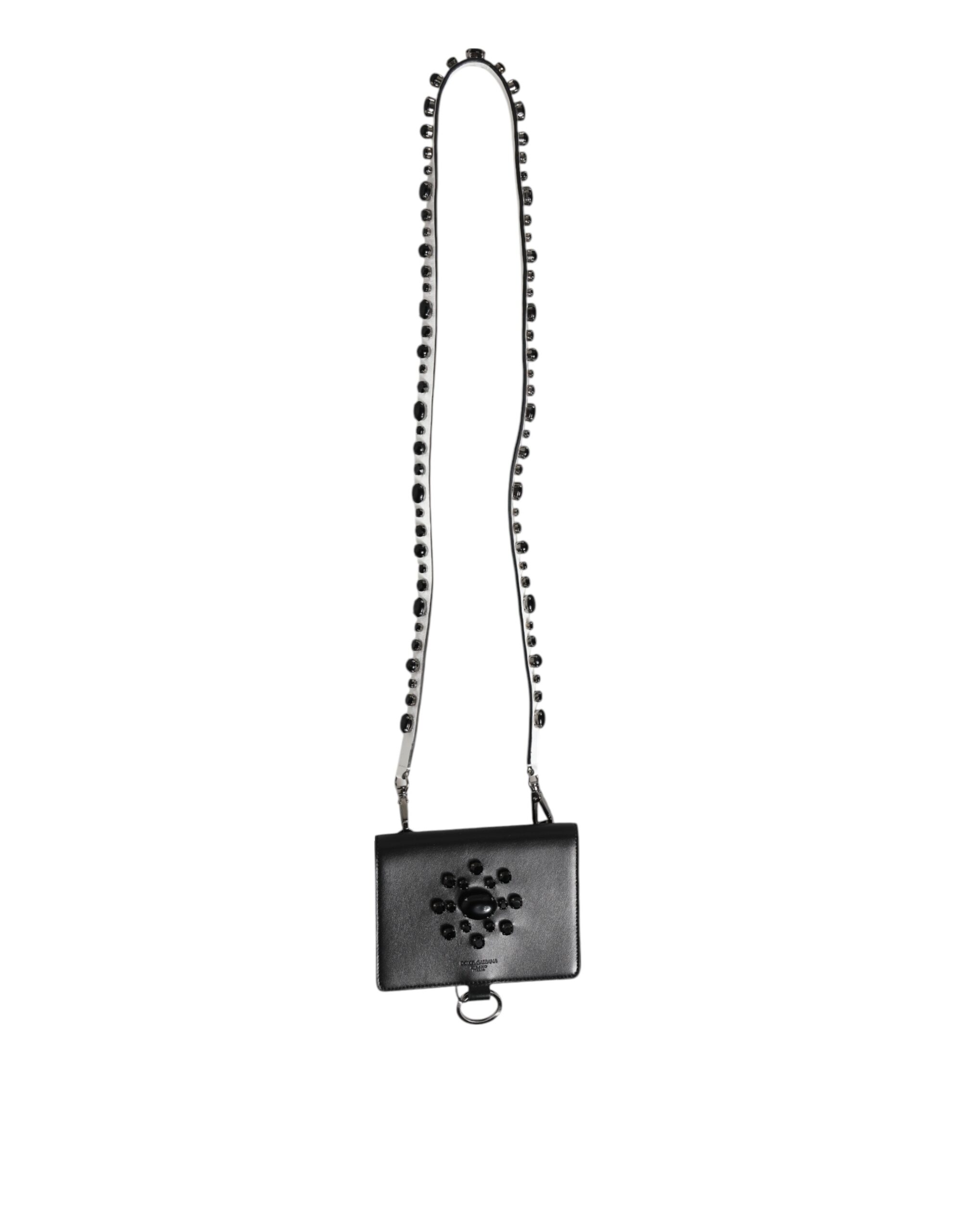 Dolce & Gabbana Black Leather Crystal Embellished Card Holder Wallet - Image 2