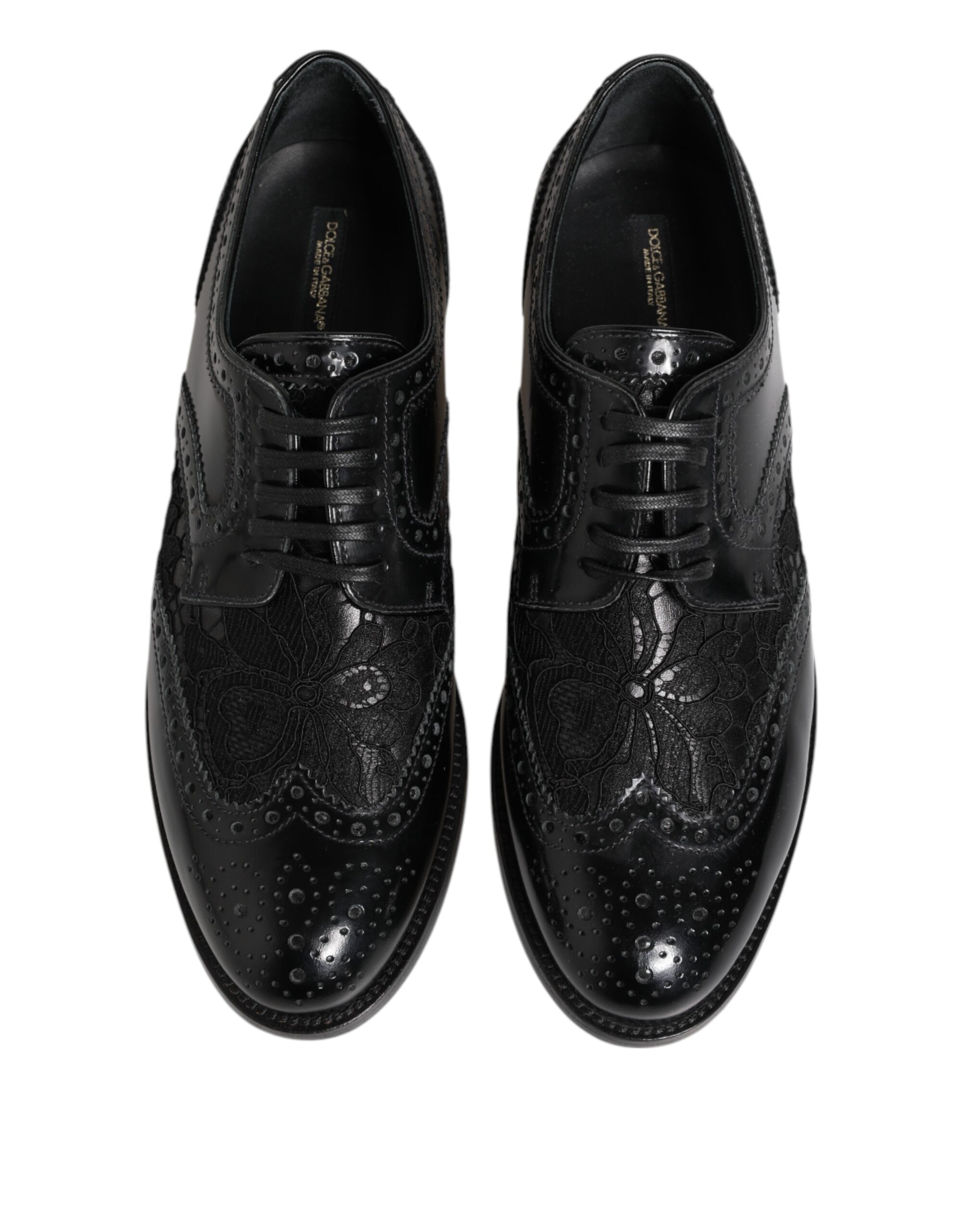 Dolce & Gabbana Black Leather Floral Lace Dress Formal Shoes - Image 4
