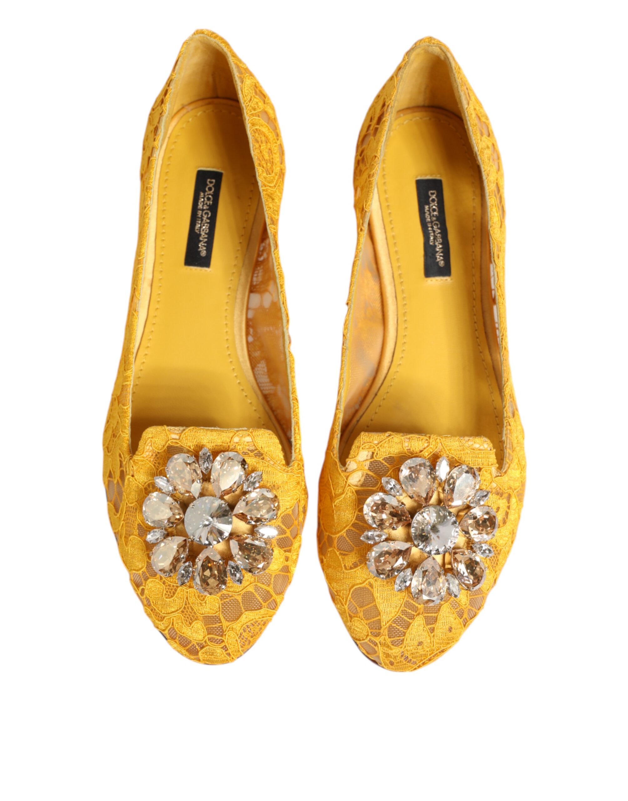 Dolce & Gabbana Yellow Taormina Lace Crystals Flats Shoes - Image 4