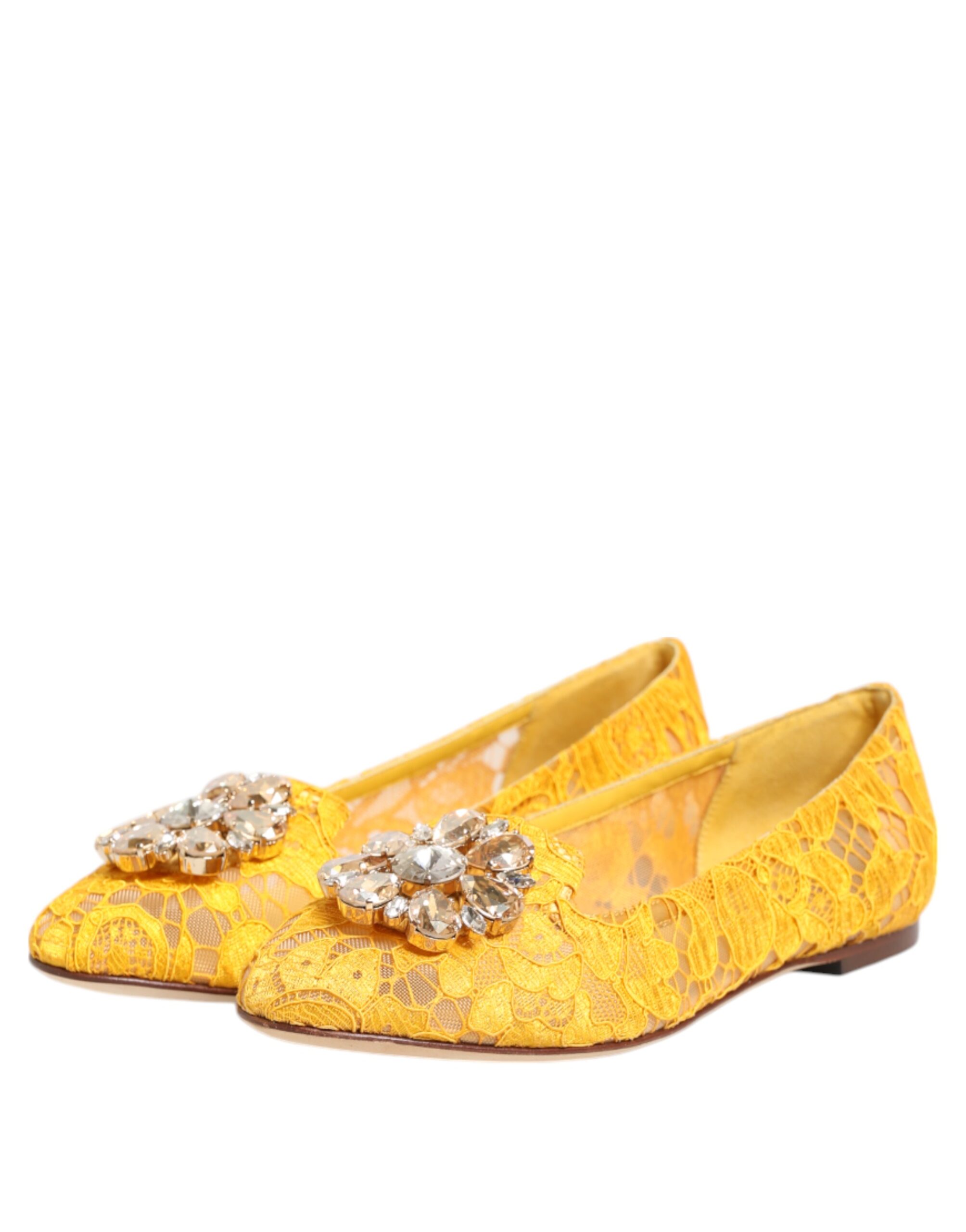 Dolce & Gabbana Yellow Taormina Lace Crystals Flats Shoes - Image 5