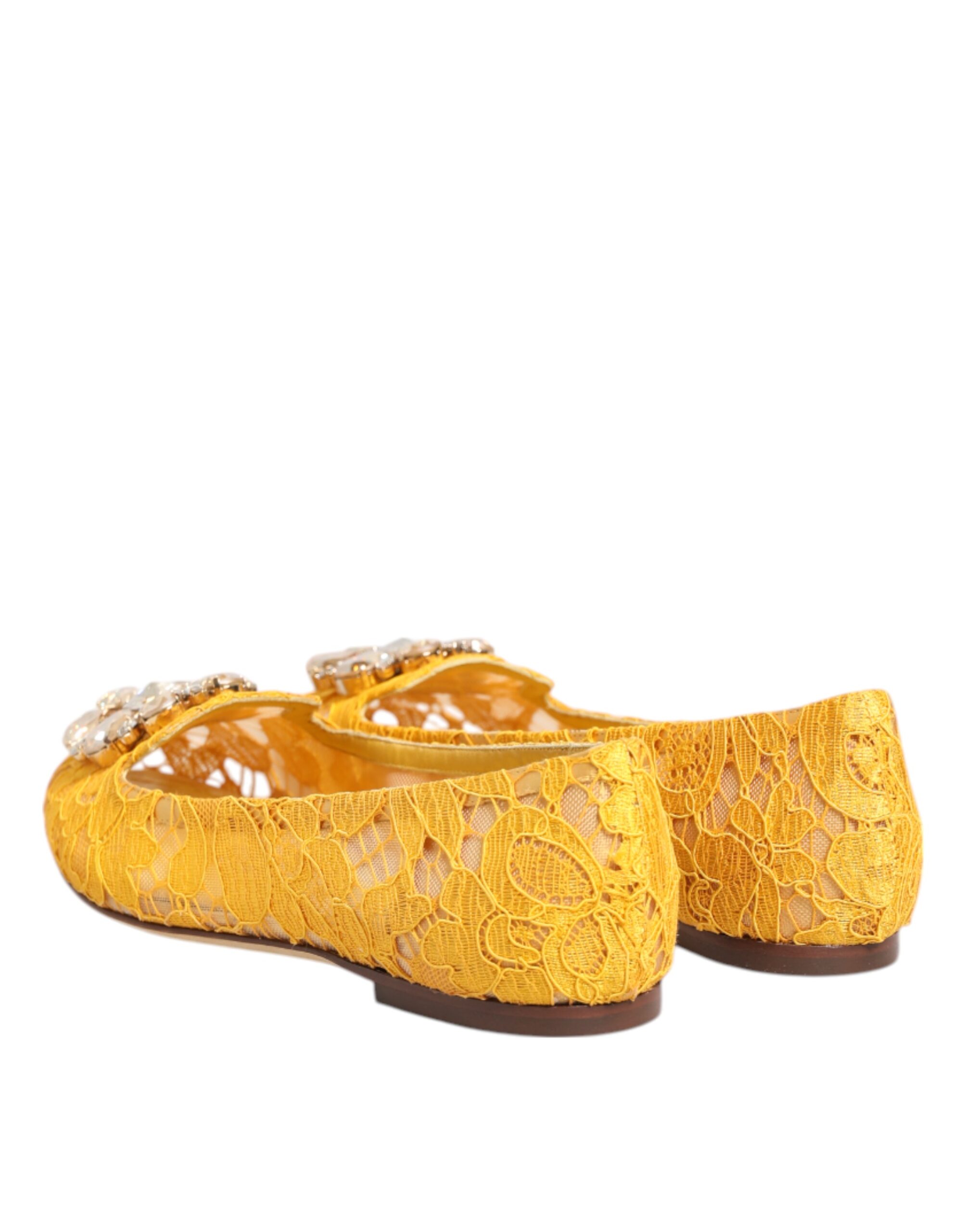 Dolce & Gabbana Yellow Taormina Lace Crystals Flats Shoes - Image 6