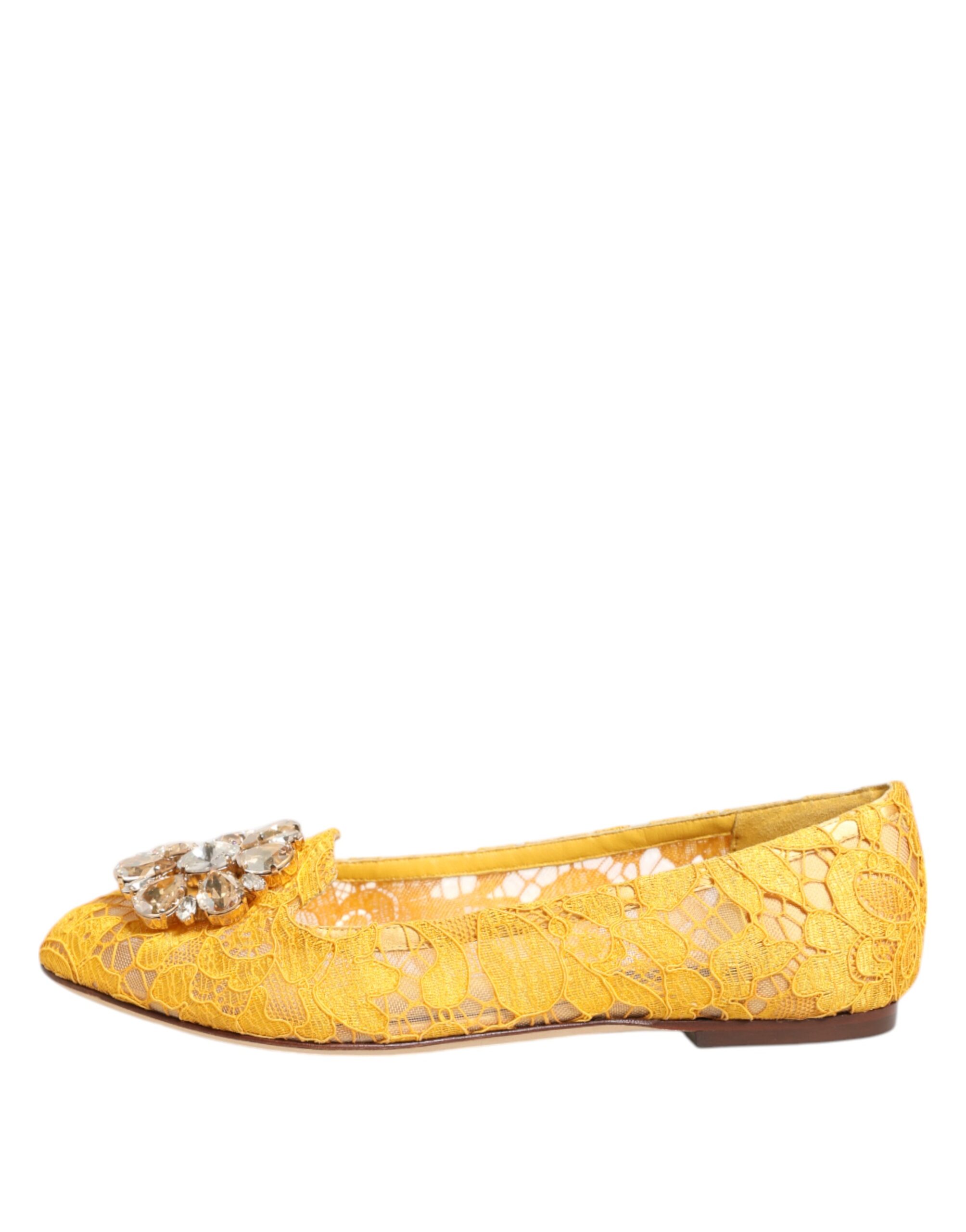 Dolce & Gabbana Yellow Taormina Lace Crystals Flats Shoes - Image 7