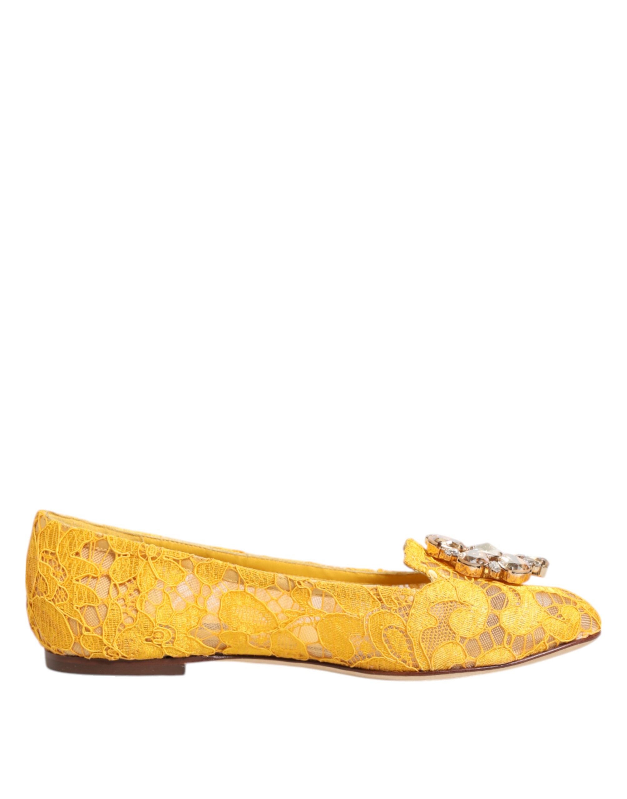 Dolce & Gabbana Yellow Taormina Lace Crystals Flats Shoes - Image 2