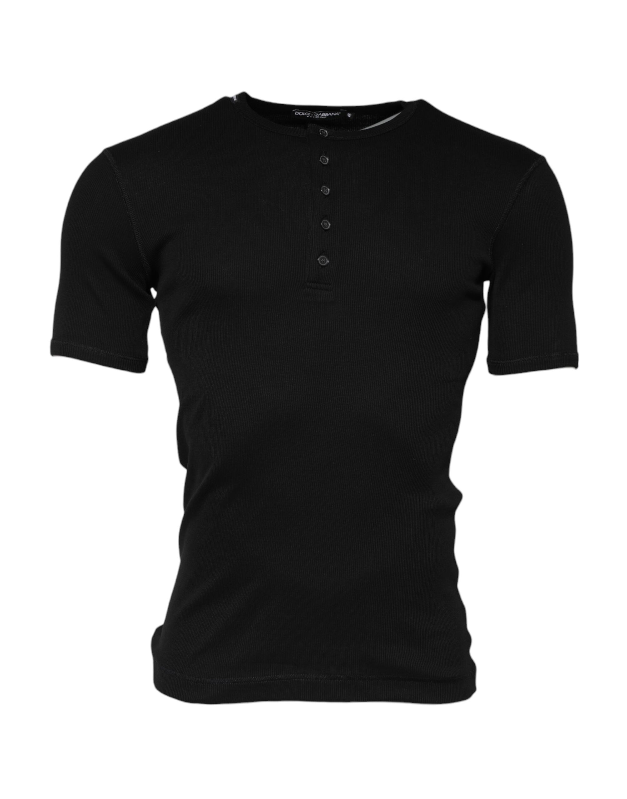 Dolce & Gabbana Black Cotton Knit Crew Neck Henley T-shirt - Image 2