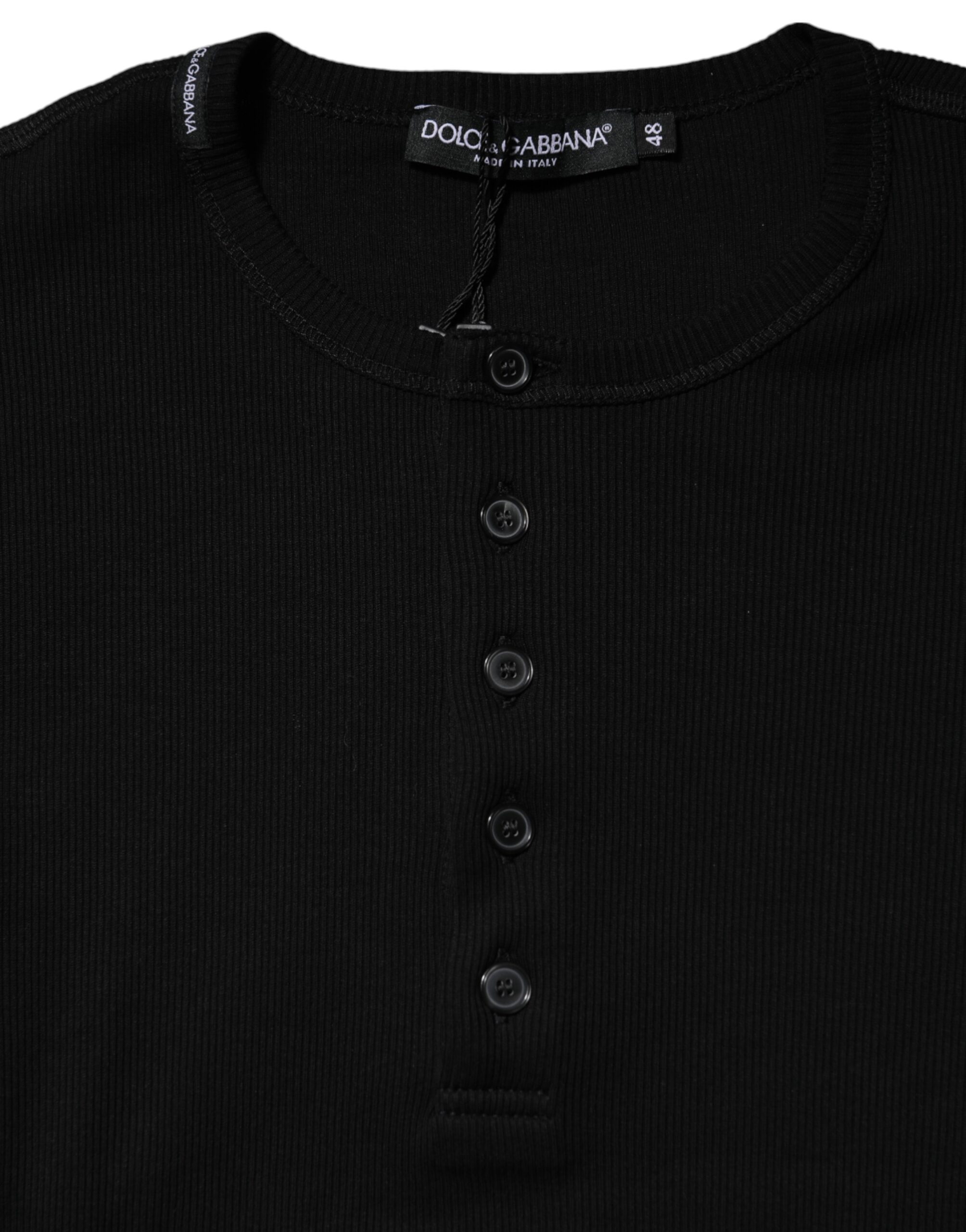 Dolce & Gabbana Black Cotton Knit Crew Neck Henley T-shirt - Image 4
