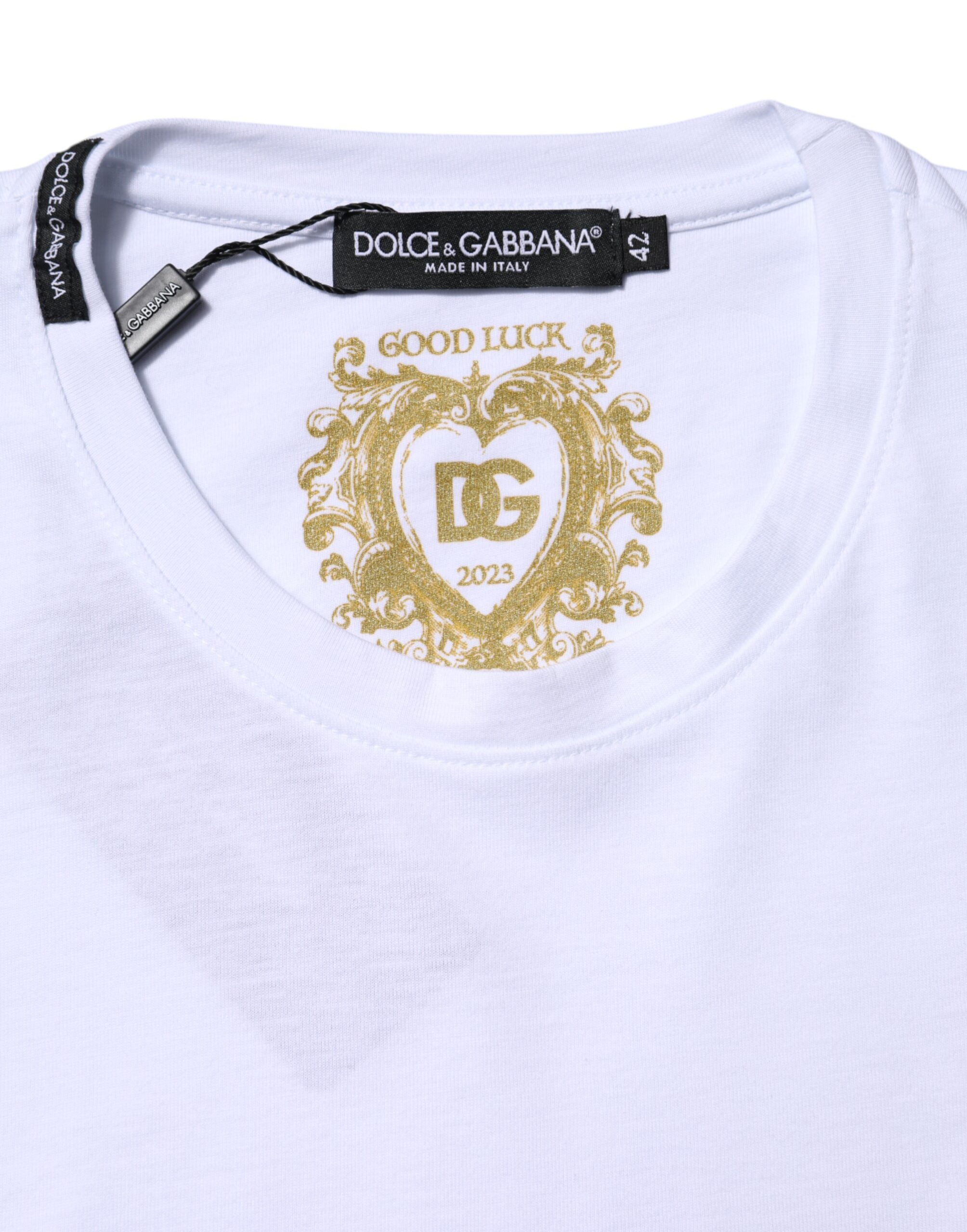 Dolce & Gabbana White Cotton Goodluck 2023 Crew Neck T-shirt - Image 4